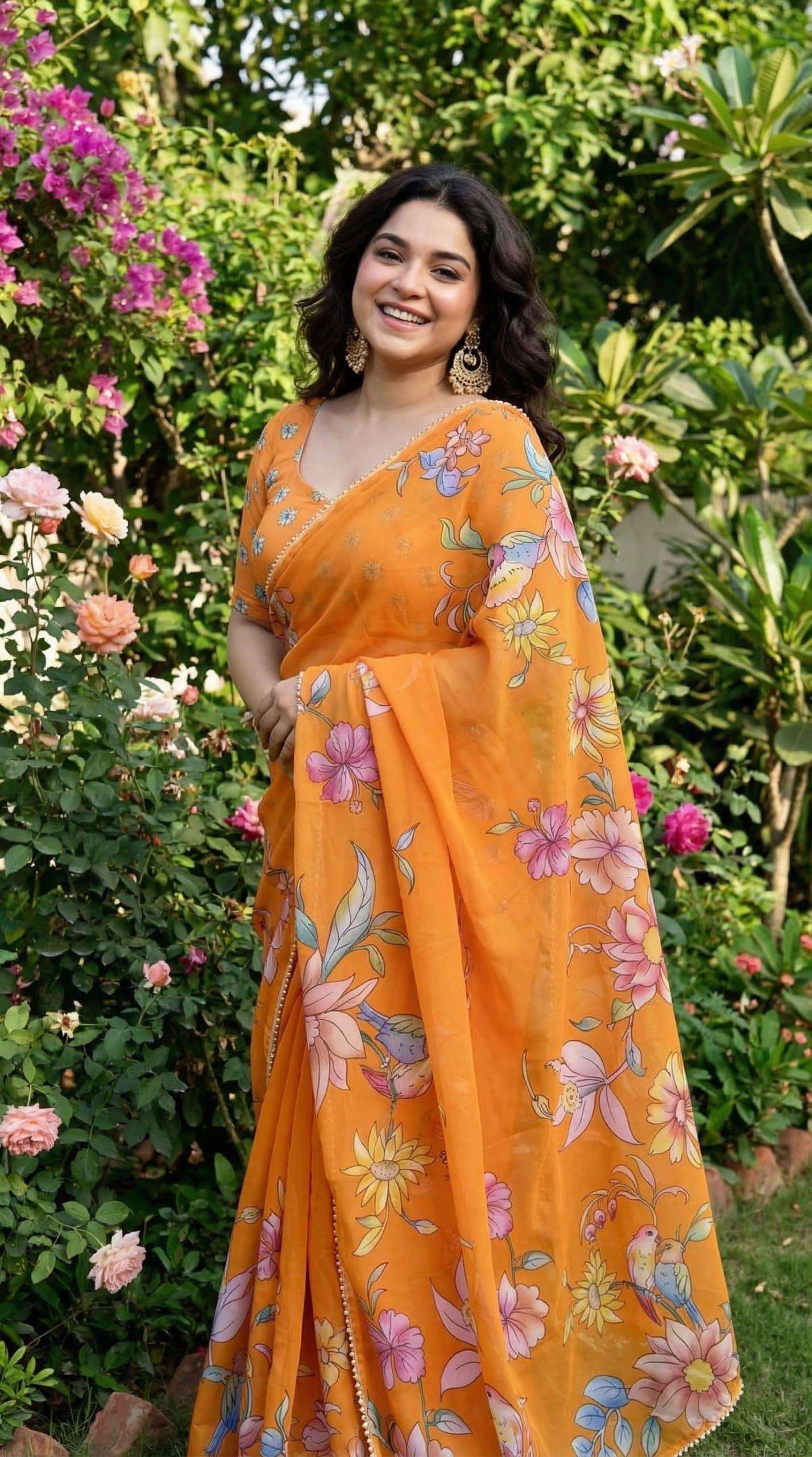 Soft and fancy Georgette fabric with bright color and beauti...