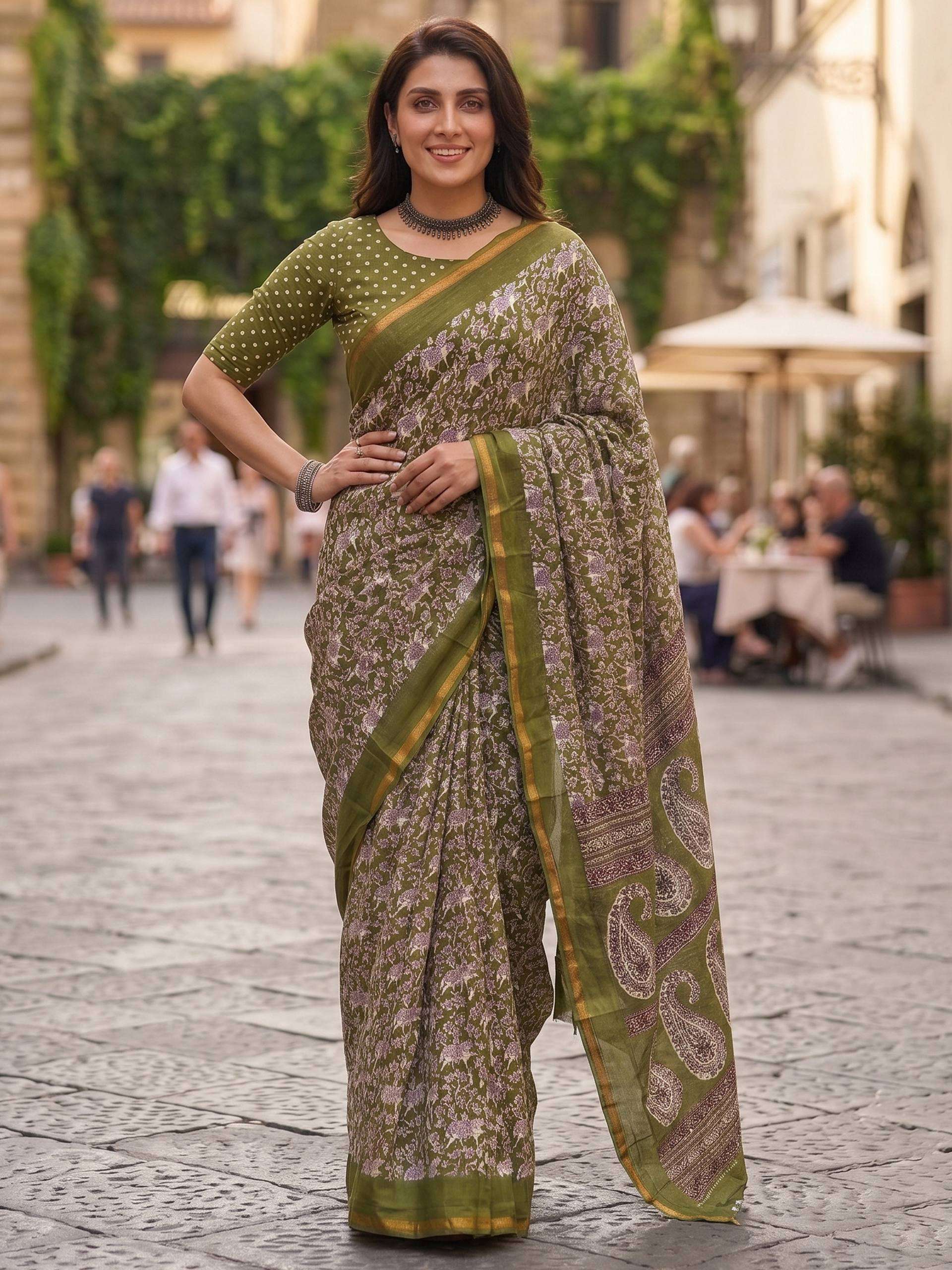  Soft Maslin Cotton fabric with fancy Bagru Block Print sare...