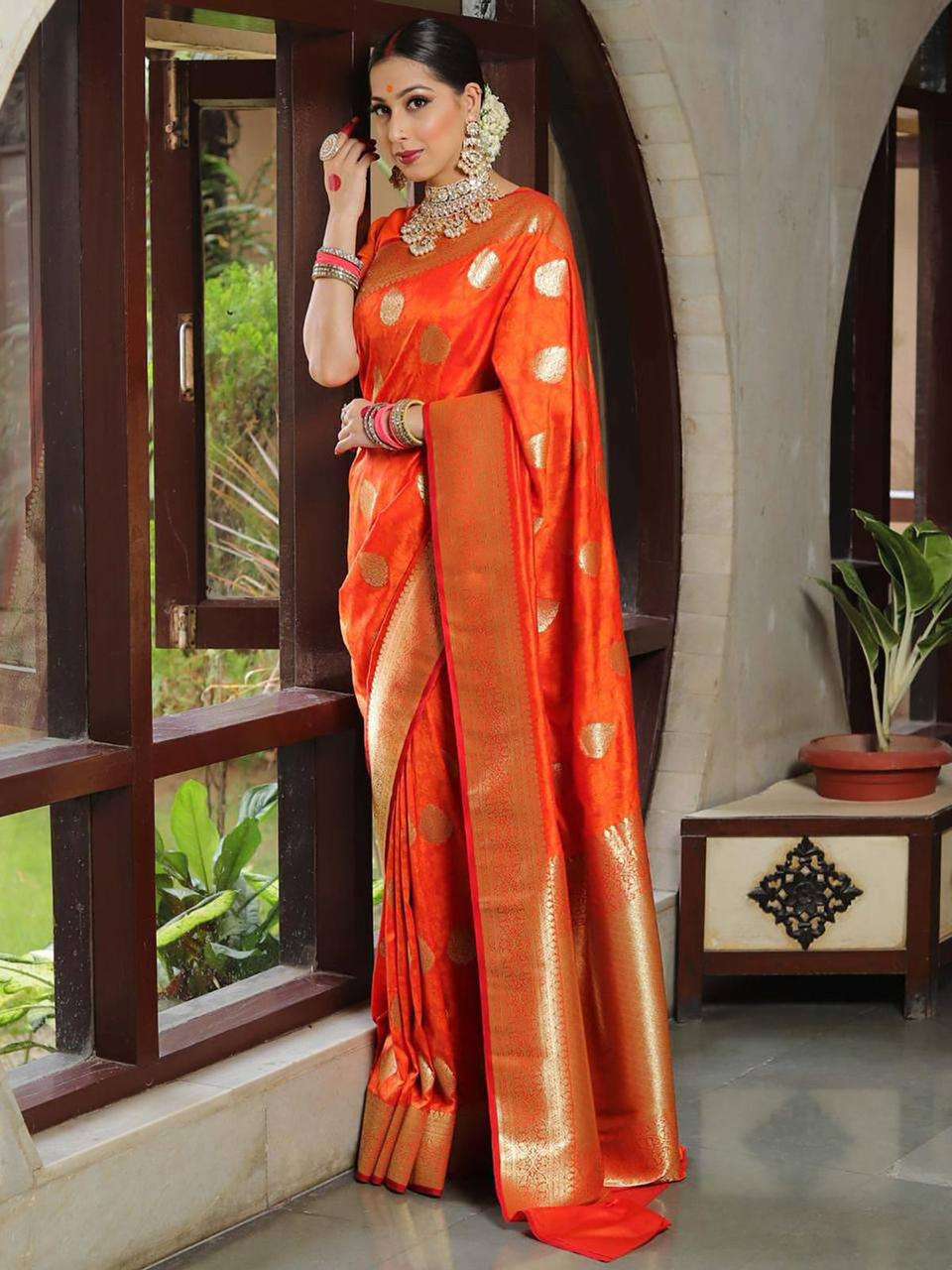 SUPER SOFT AND SHINY ORENGE LICHI SILK FANCY FABRIC WITH BEA...