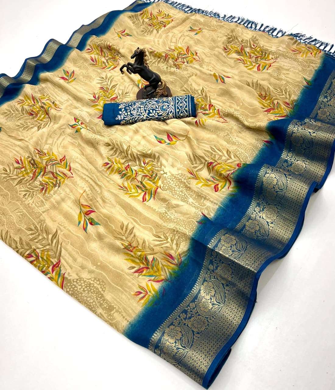 This beautiful features a soft golden base with fancy fabric...