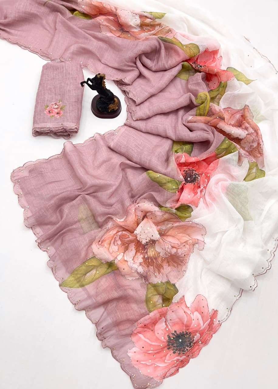 This elegant and beautiful is crafted from pure linen saree ...