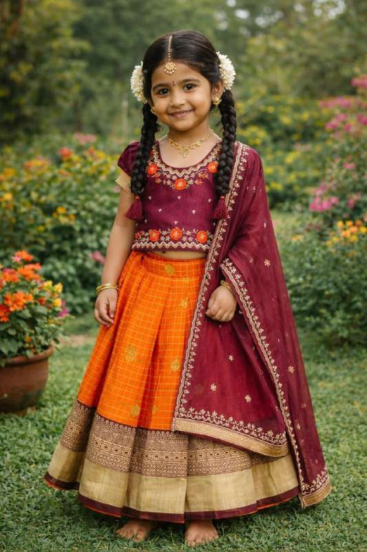 TULLSI KIDS HALF SAREE TRADITIONAL BLOUSE LEHENGA DUPATTA KI...