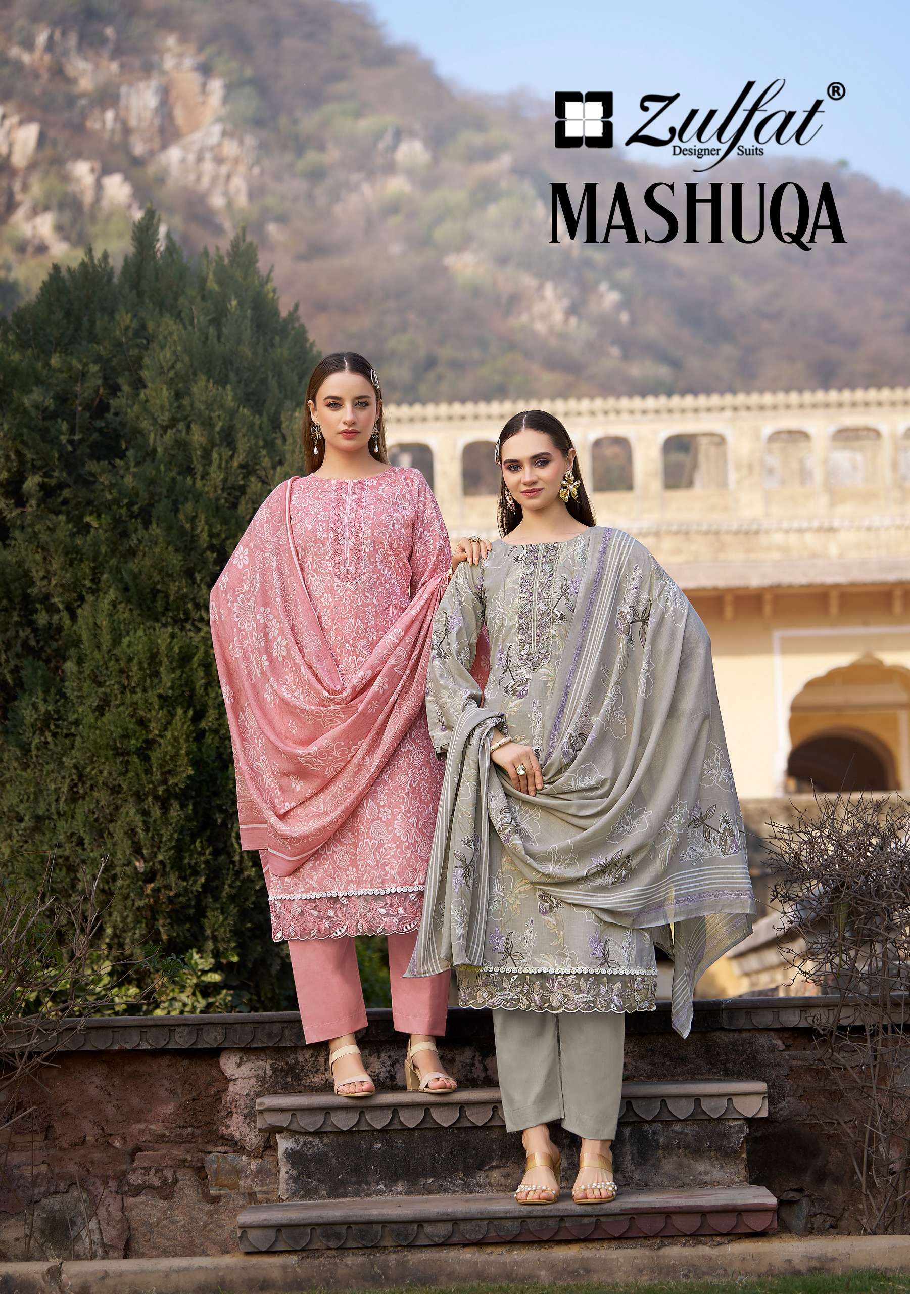 ZULFAT DESIGNER SUITS MASHUQA COTTON HEAVY NECK & DAMAN EMBR...