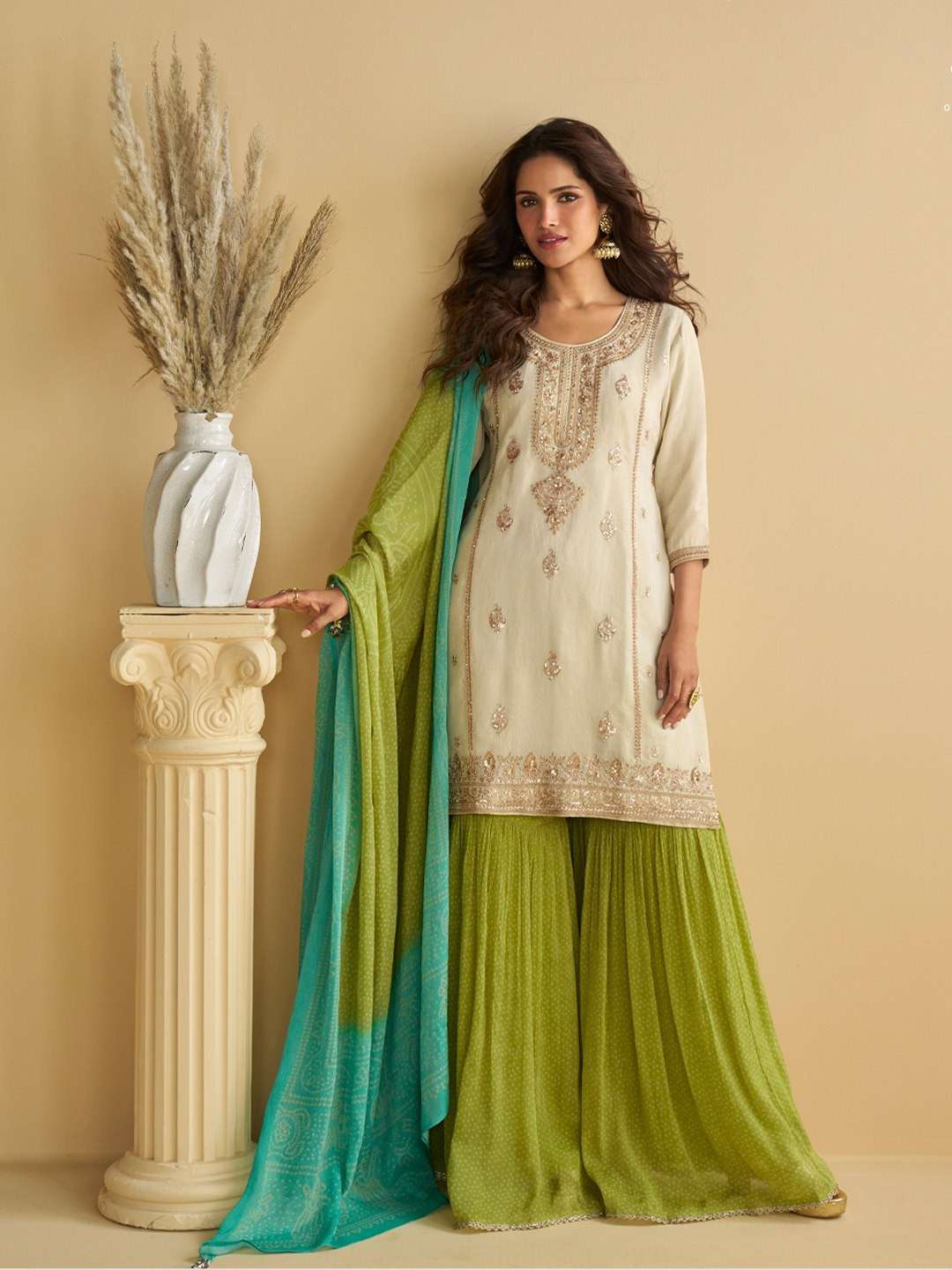 10069 READYMADE SILK EMBROIDERY WORK WHITE TOP GREEN SHARARA...