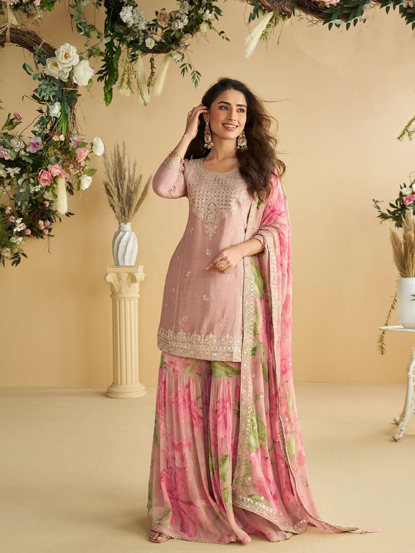 10071 EXCLUSIVE READYMADE CHINON SILK HEAVY WORK PINK SHARAR...