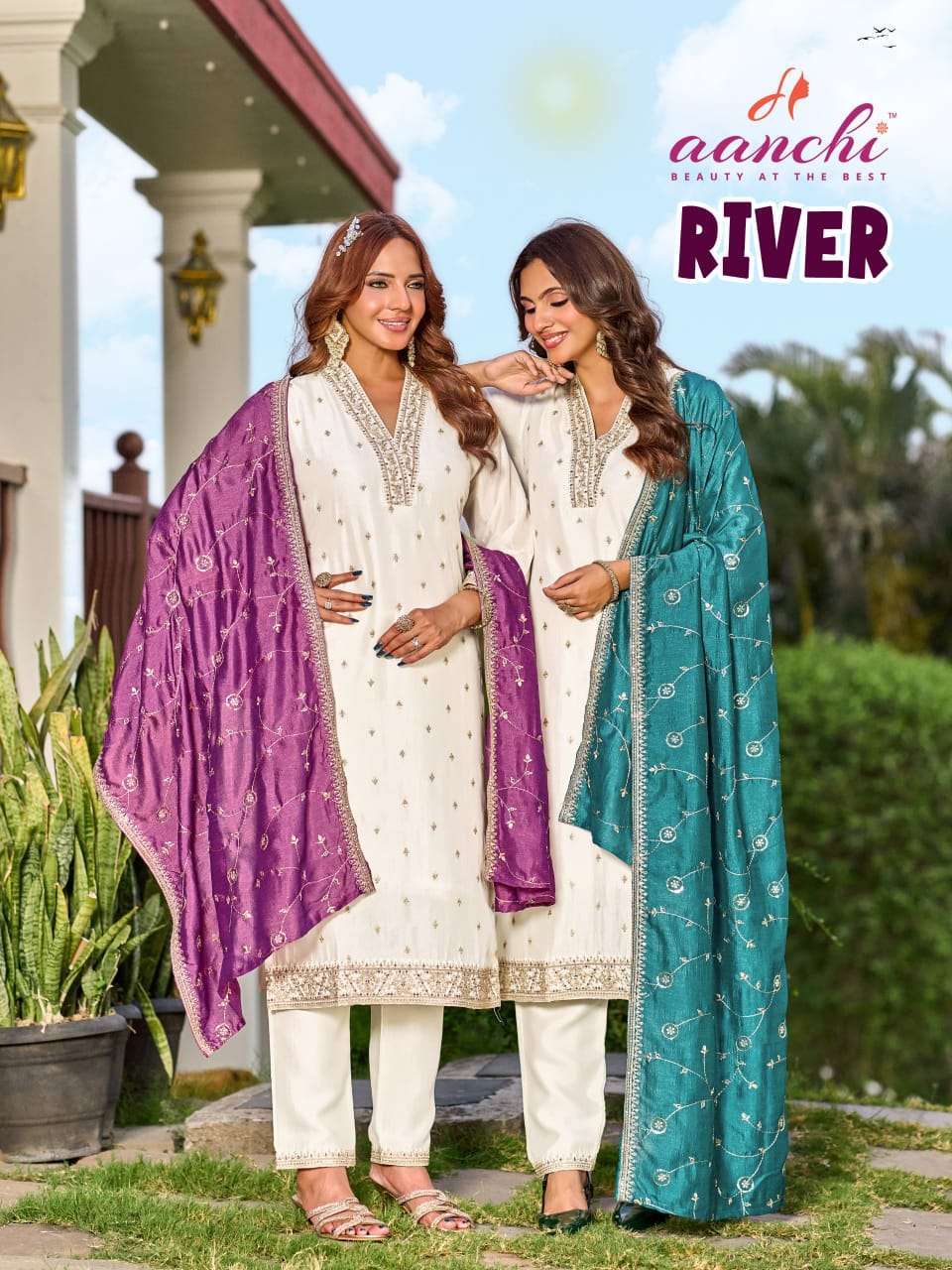 AANCHI RIVER SILK FABRIC WHITE SUIT COLOR DUPATTA SET READYM...