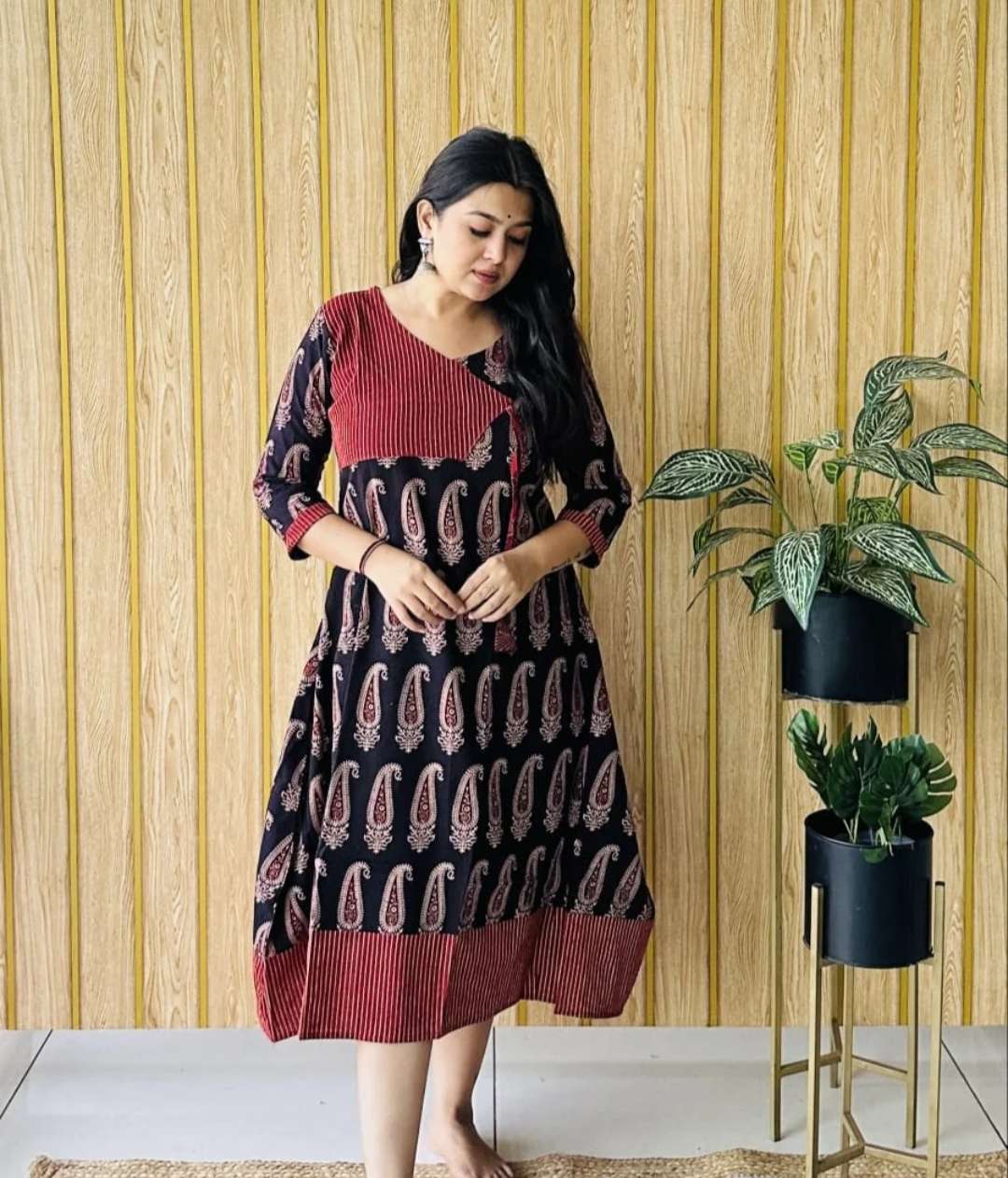 AJRAKH VEGITABLE DYE ANGRAKHA STYLE A LINE ONE PIECE KURTI D...