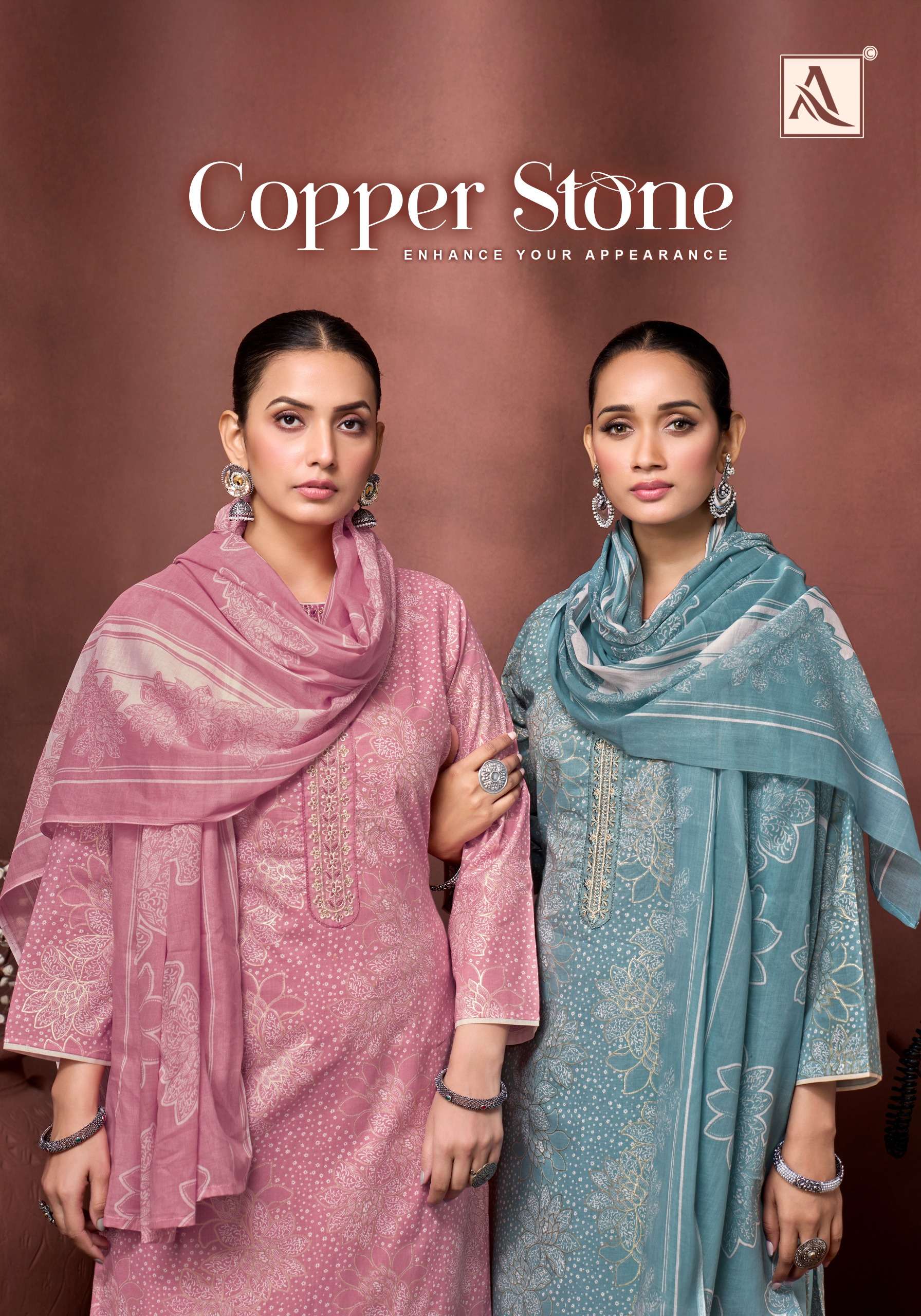 ALOK SUIT COPPER STONE COTTON FOIL PRINT FANCY WORK SALWAR S...