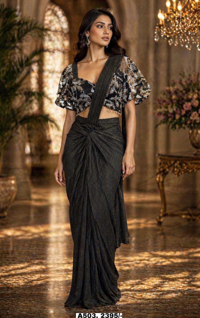 BEAUTIFUL BLACK COLOUR READY TO WEAR FANCY FABRIC SAREE WHOL...