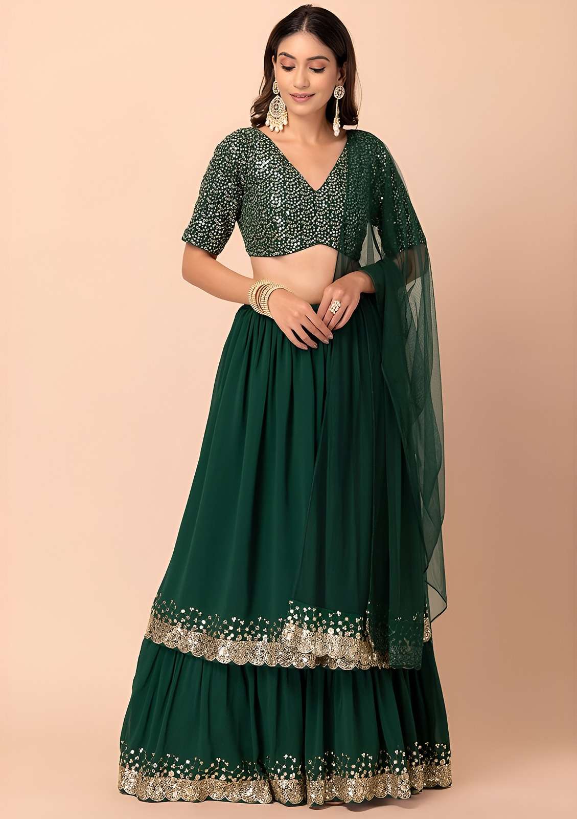 Beautiful Deep green colour georgette fancy and elegant Part...