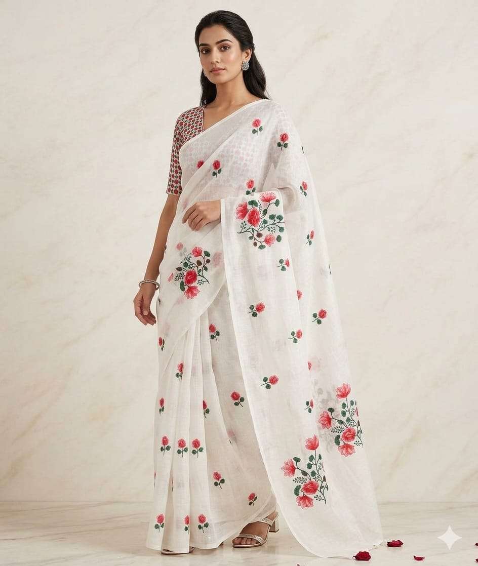  BEAUTIFUL LINEN COTTON FANCY FLOWER DESIGNER SAREE RESELLER...