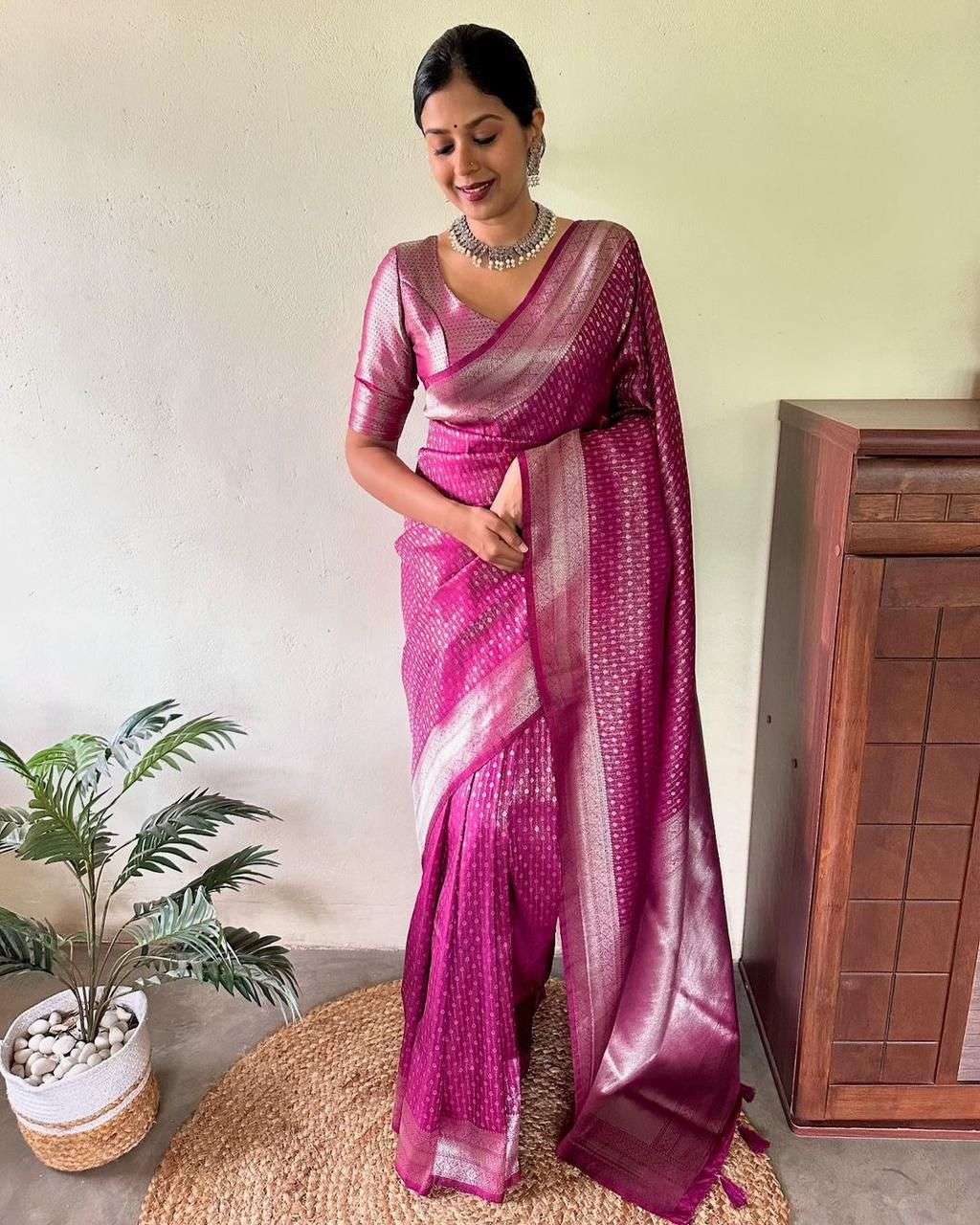 beautiful pink colour in soft and shiny lichi silk fabric sa...