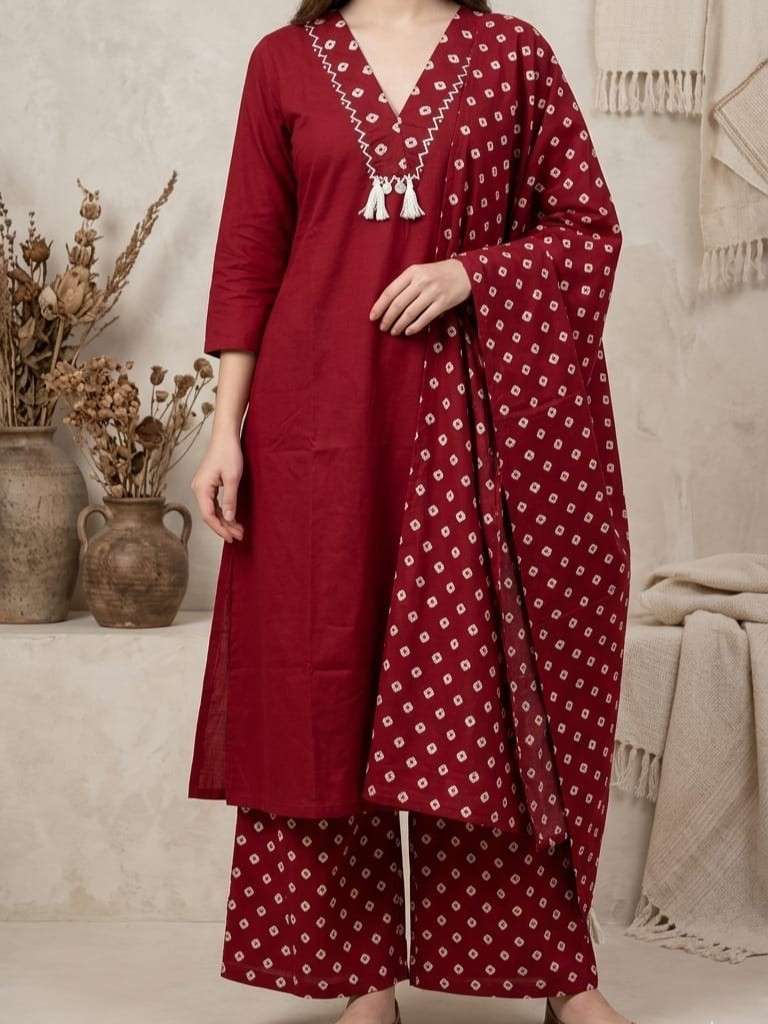 COTTON 3 PIECE KATHA TIKKI AND MIRROR WORK KURTI PALAZZO SUI...