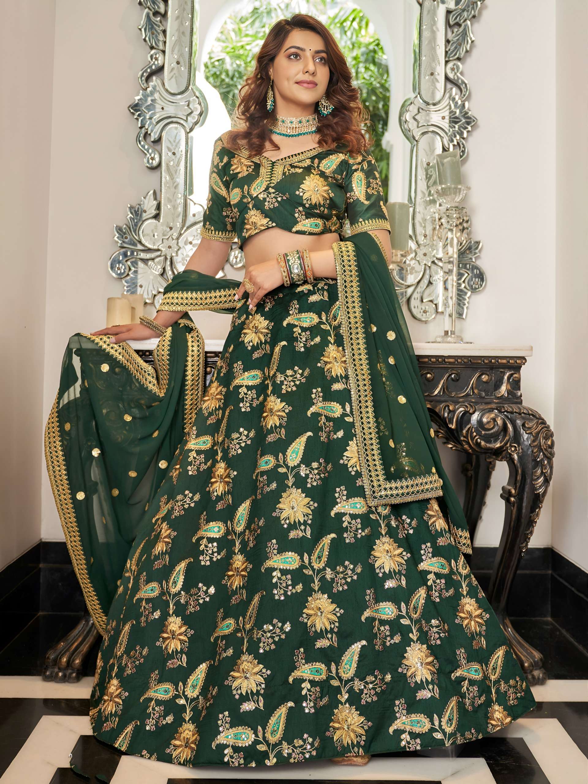 Dark Bottle Green colour Designer and elegant Art Silk fabri...