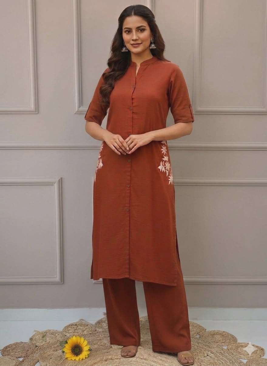 DESIGNER CORD SET ALINE PATTERN COFFEE KURTI PANT TEXTILE PR...