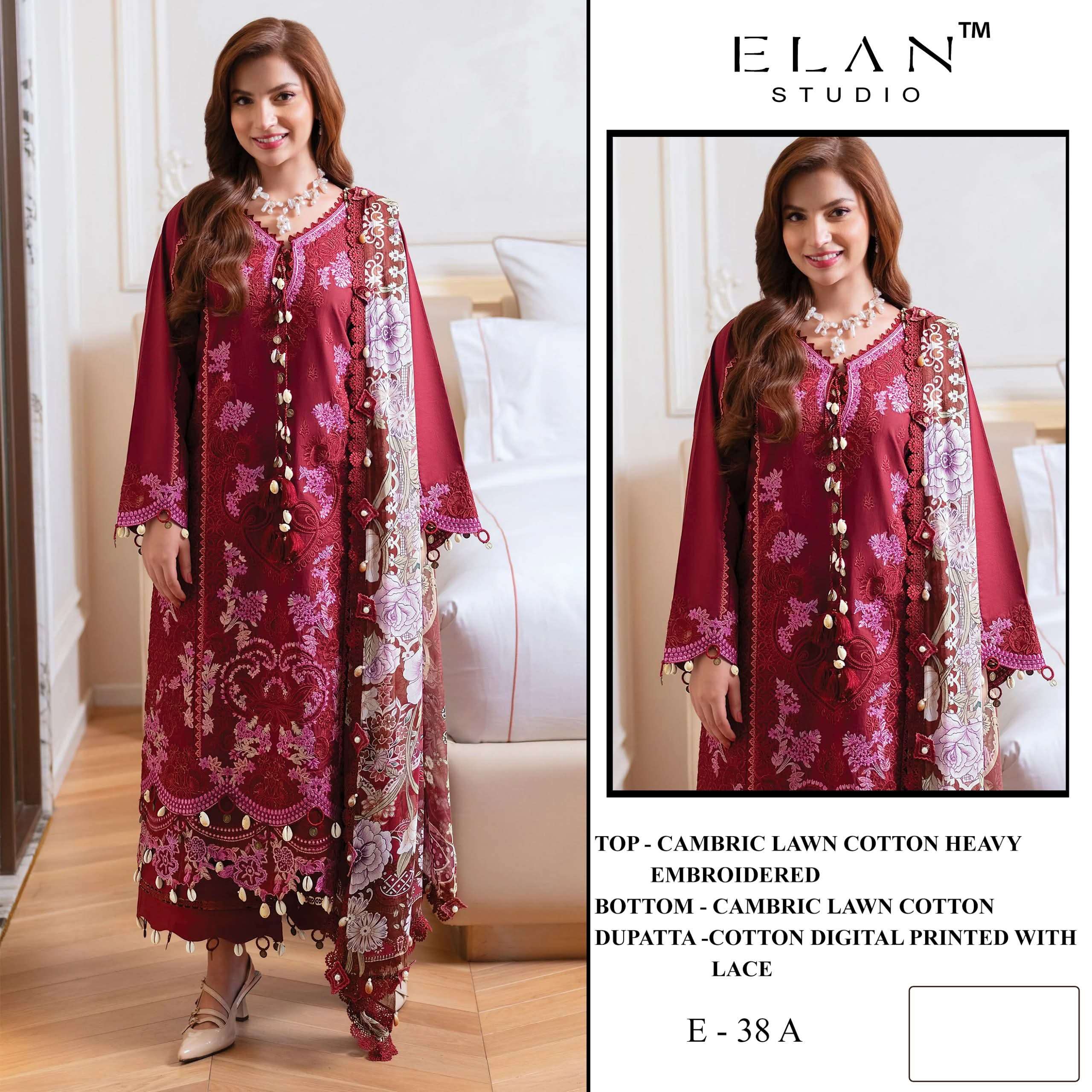 ELAN STUDIO E 38 CAMBRIC LAWN COTTON EMBROIDERY PAKISTANI DR...