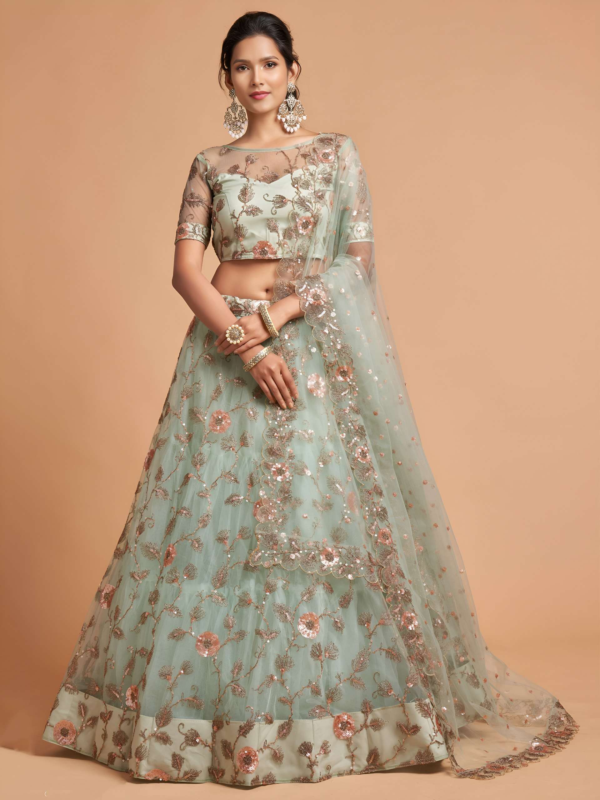   Elegant and designer Pista Green colour with beautiful Fl...