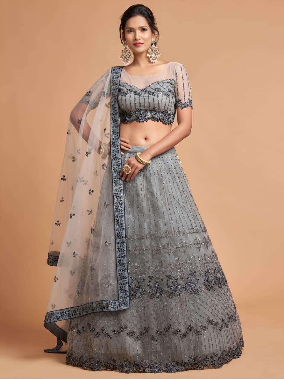 Elegant grey colour pure and soft Net fancy fabric heavy and...