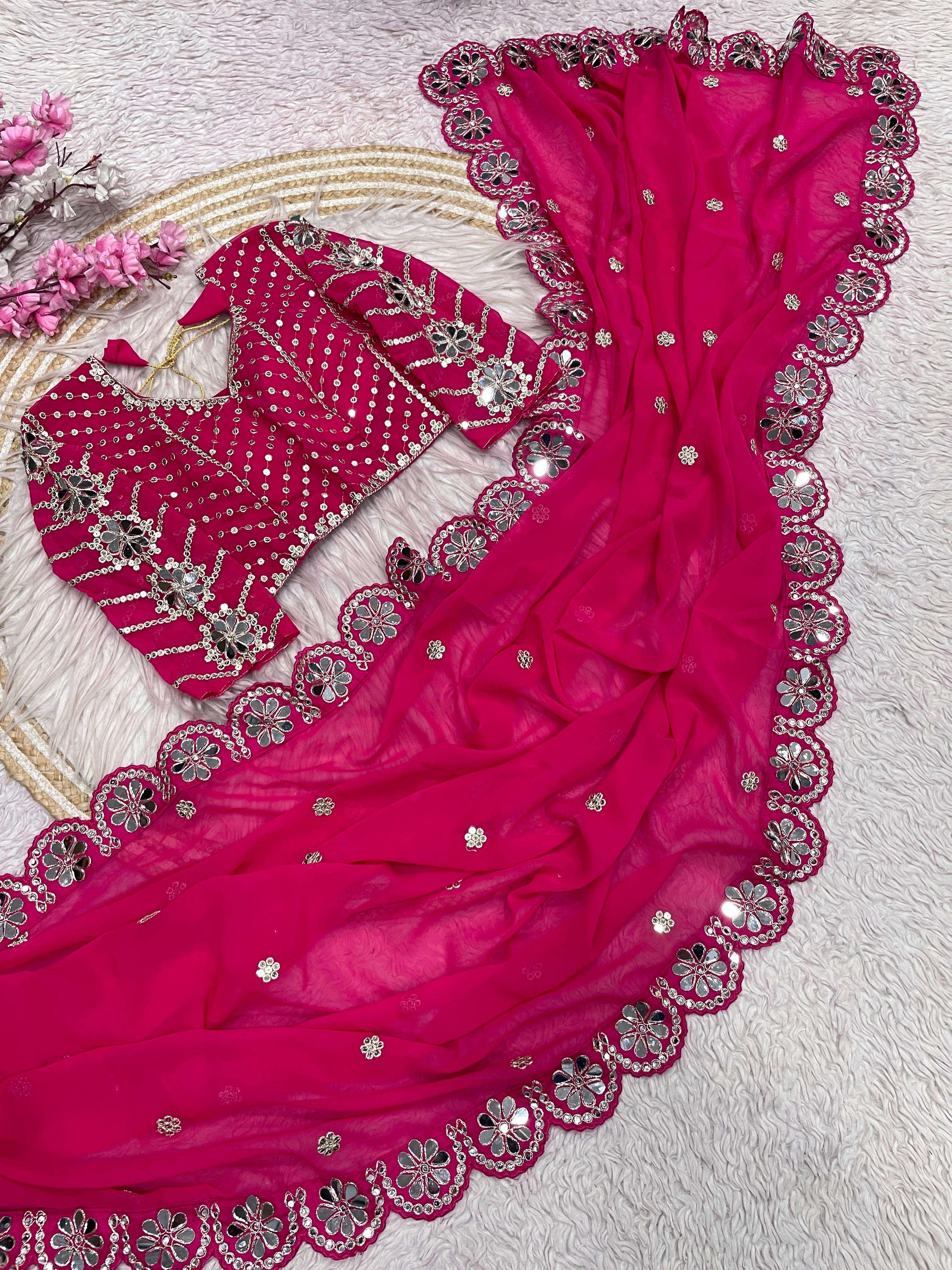  Fox Georgette fancy fabric With classic Embroidery work sar...