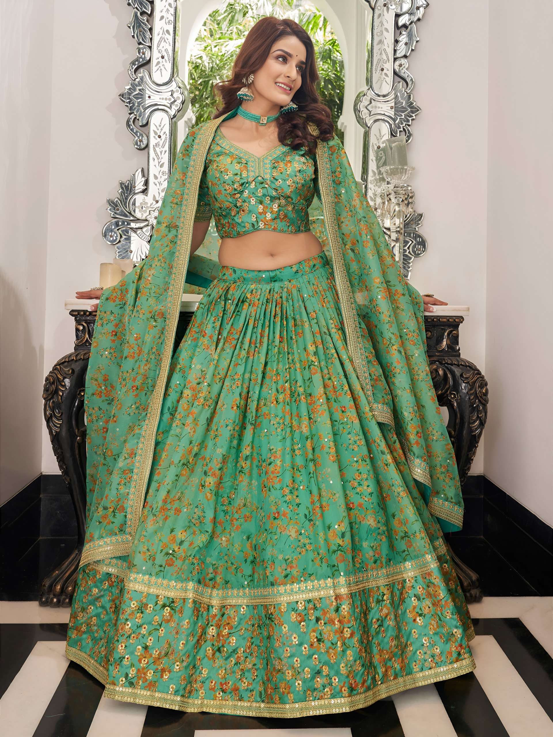 Fresh Sea Green colour beautiful and elegant Floral print Le...