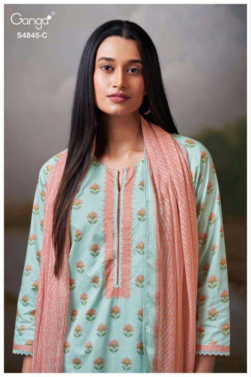GANGA JUNOIRA 4845 COTTON PRINTED WITH HANDWORK UNSTITCH 3 P...