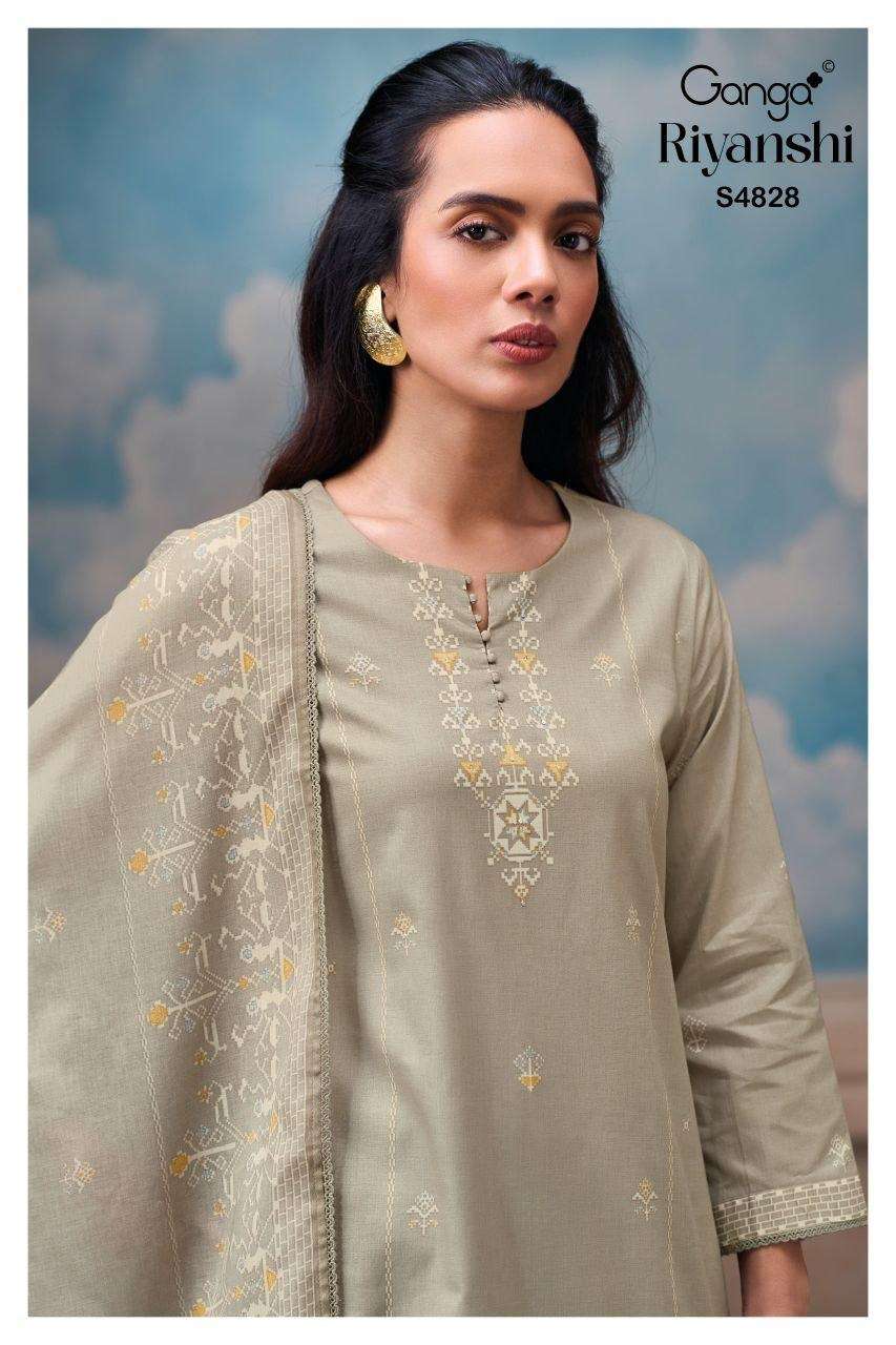 GANGA RIYANSHI 4828 COTTON PRINTED WITH HAND WORK SALWAR KAM...