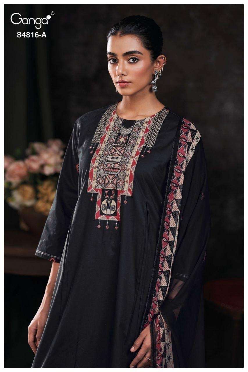 GANGA SYLVIA 4816 COTTON PRINTED WITH HAND DESIGNER DRESS UN...