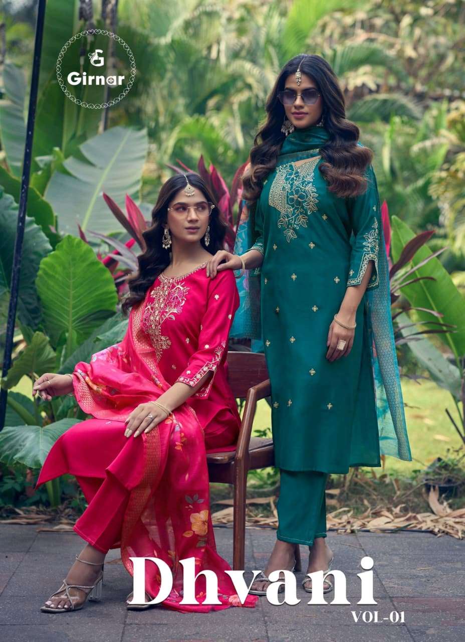 GIRNAR DHVANI VOL 1 SILK STRAIGHT CUT WITH SLEEVE WORK SALWA...