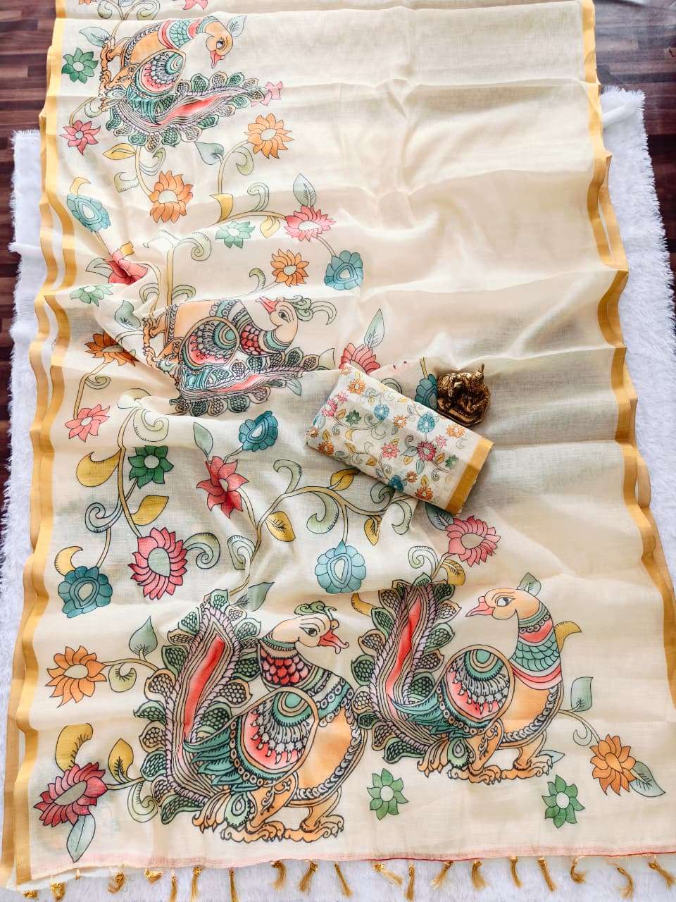 GOLD KALAMKARI HEAVY GOLD LINEN BLOOMING FANCY FABRIC SAREE ...