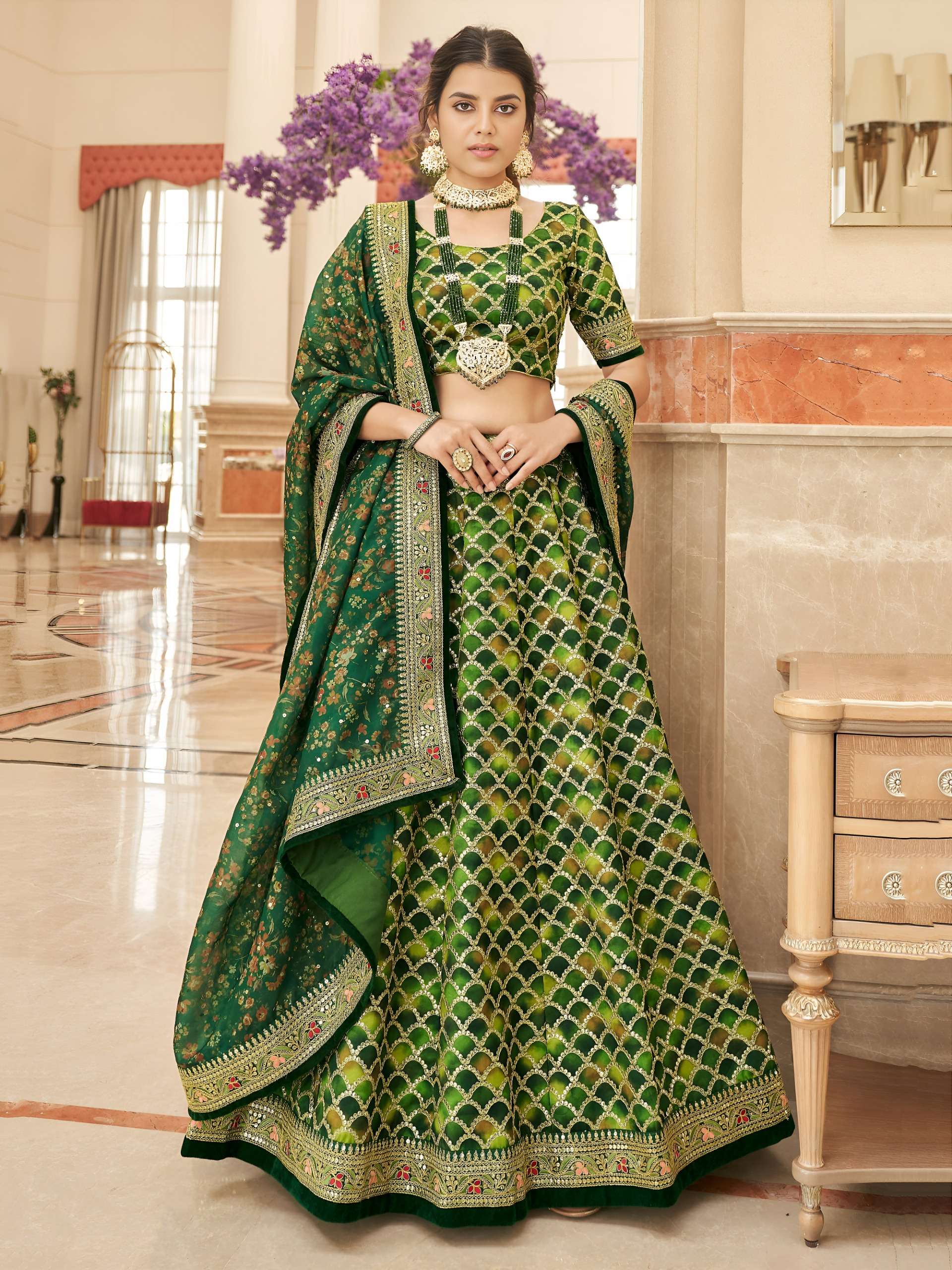  Green Scallop colour with beautiful and classic Art Silk fa...