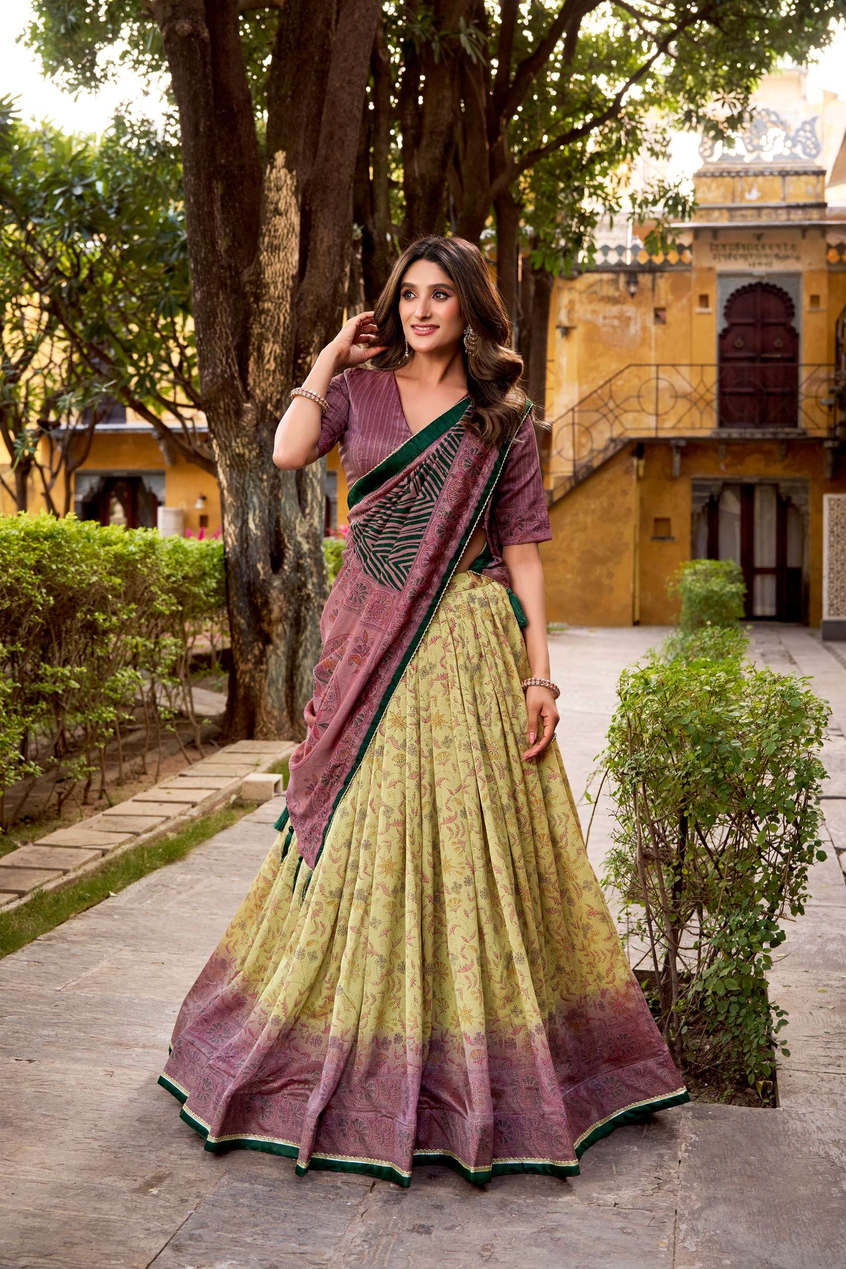 Ishani This Vichitra silk lehenga with delicate prints bring...
