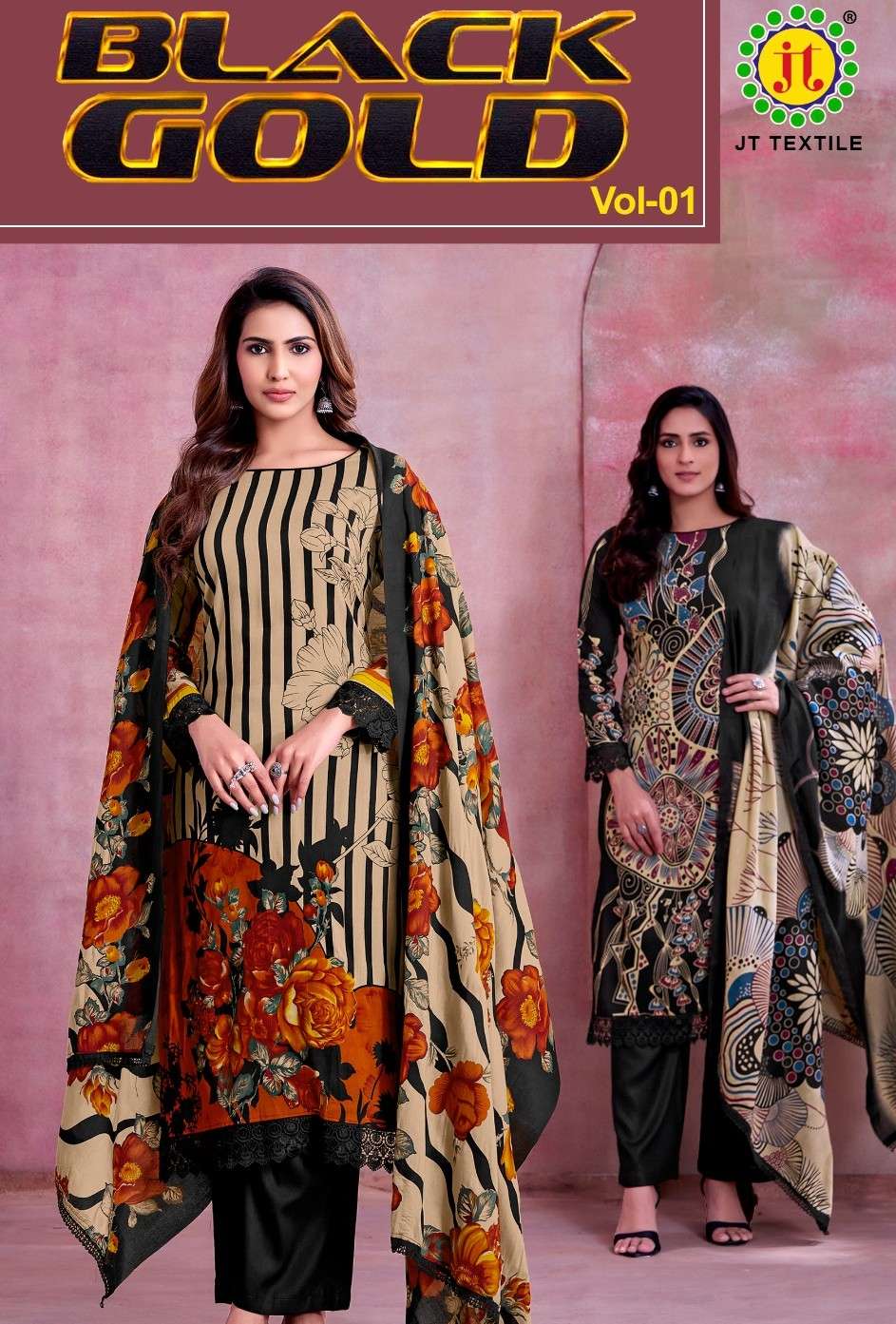 JAMATMAL BLACK GOLD RAYON FABRIC COLOR SALWAR SUIT BLACK DES...