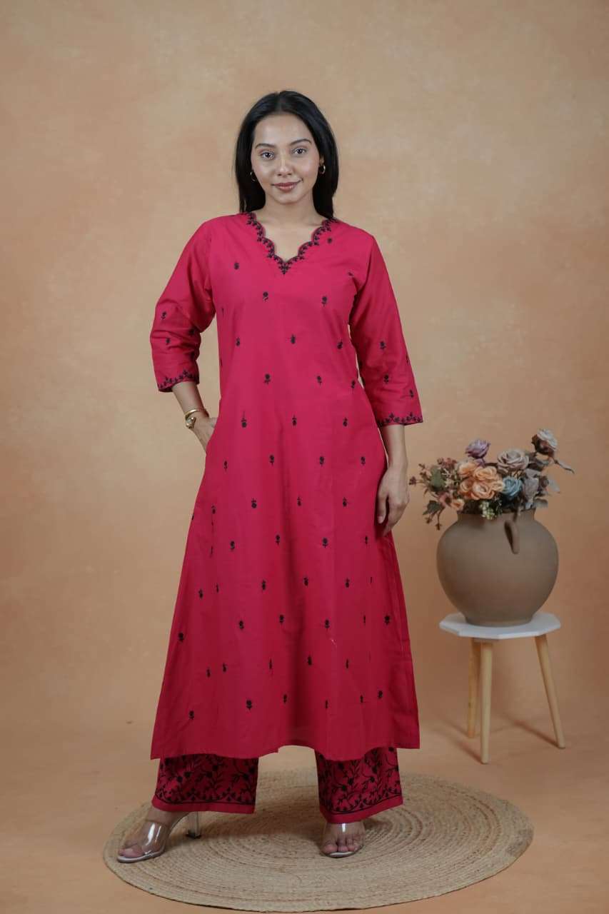 K 951 COTTON DHABU EMBROIDERY KURTI PALAZZO LIKE CORD SET DE...