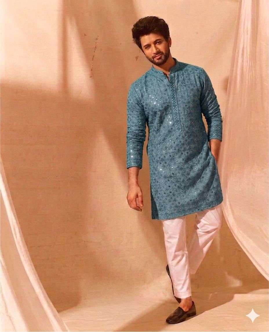 KALKI MENS WEDDING & FESTIVAL COTTON CHIKAN KURTA PAYJAMA SU...