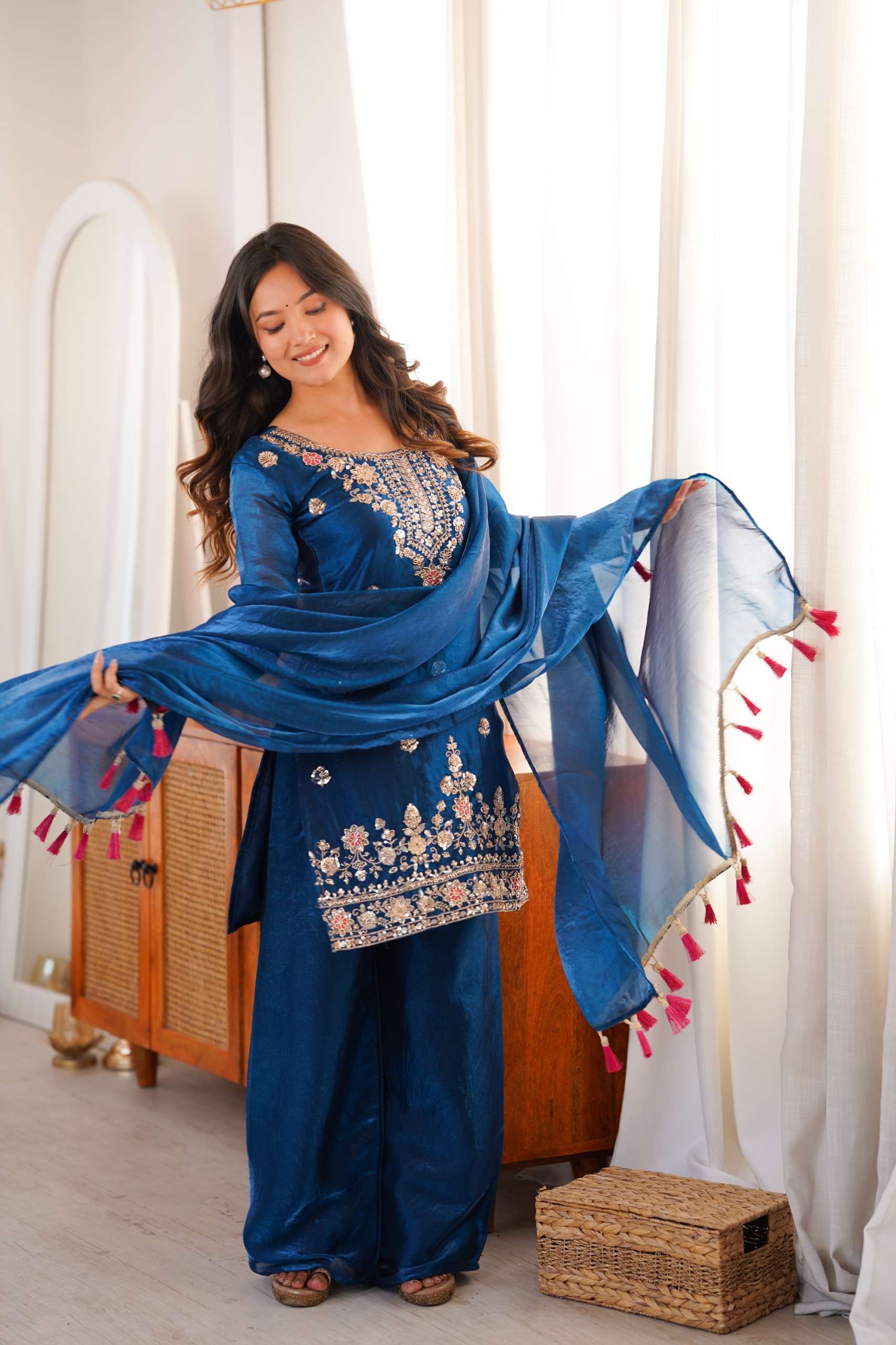 KR 1017 NEW EXCLUSIVE SET SILK BEADS SEQUENCE WORK BLUE SUIT...