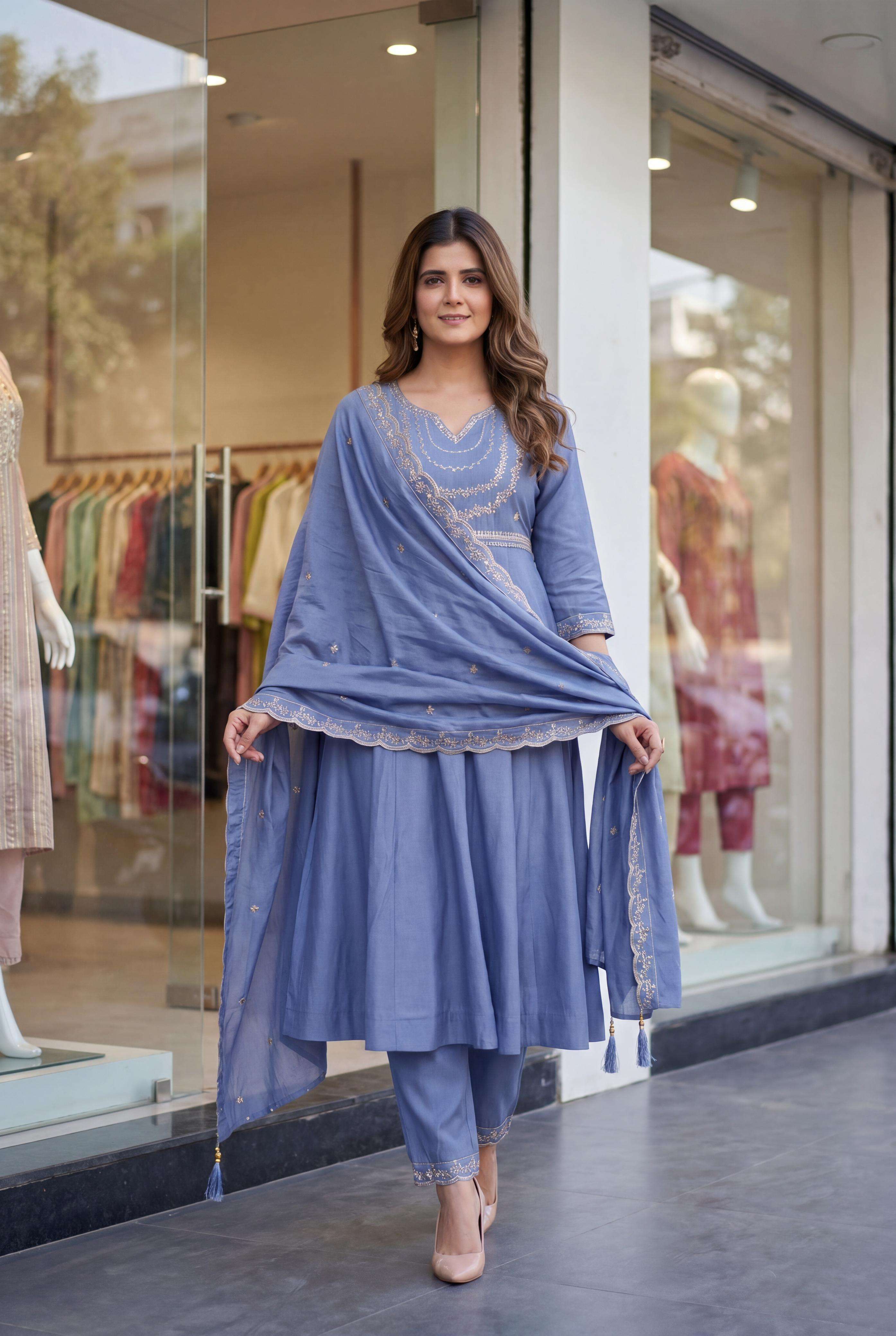 KRITI SILK WITH CODING EMBROIDERY WORK ANARKALI TOP PANT WIT...