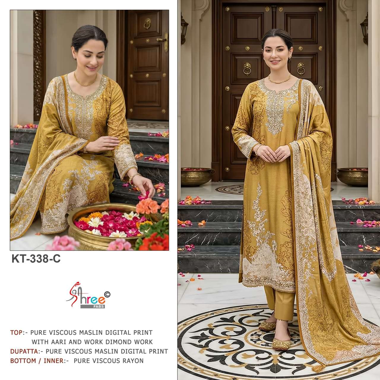KT 338 VISCOSE MASLIN PRINT AND AARI WORK LADIES SALWAR SUIT...