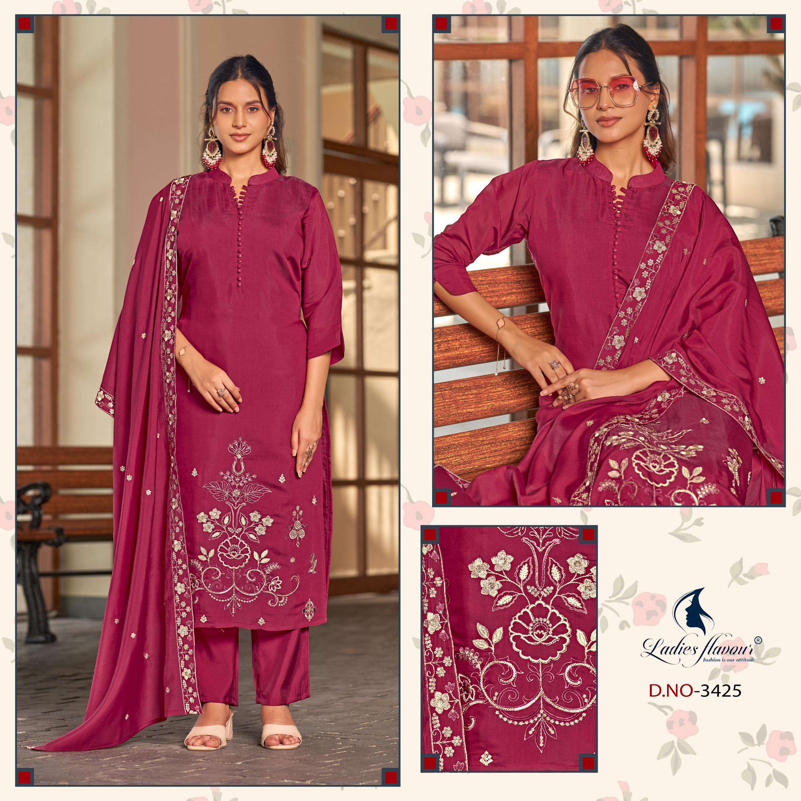LADIES FLOWER 3424 TO 3426 CHANDERI EMBROIDERY SALWAR SUIT C...