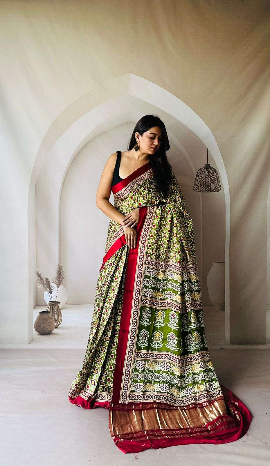 Lagdi Patta Ajarkh Saree New and soft Gajji Silk fancy fabri...