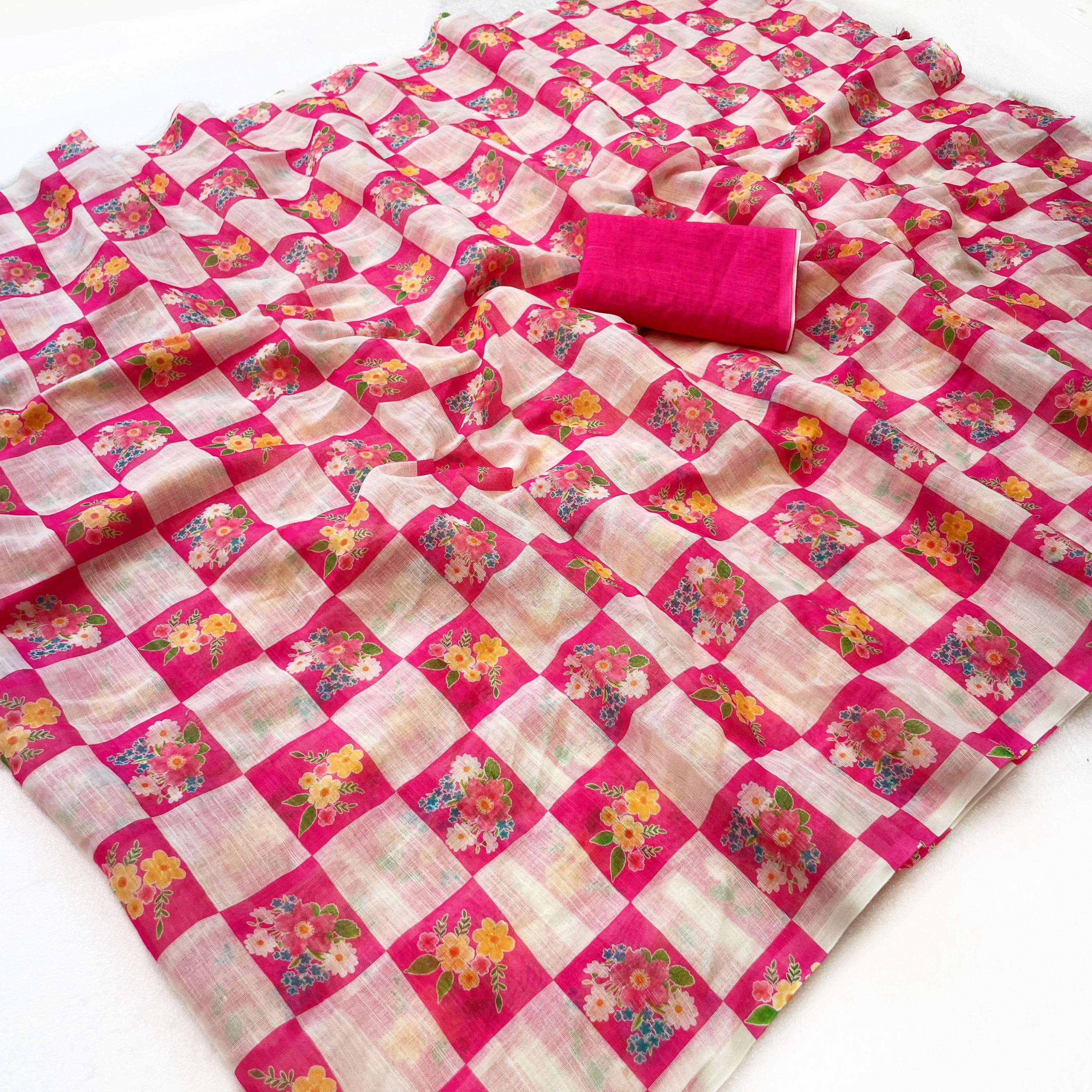 Most Viral Soft and pure linen fabric with trending checks p...