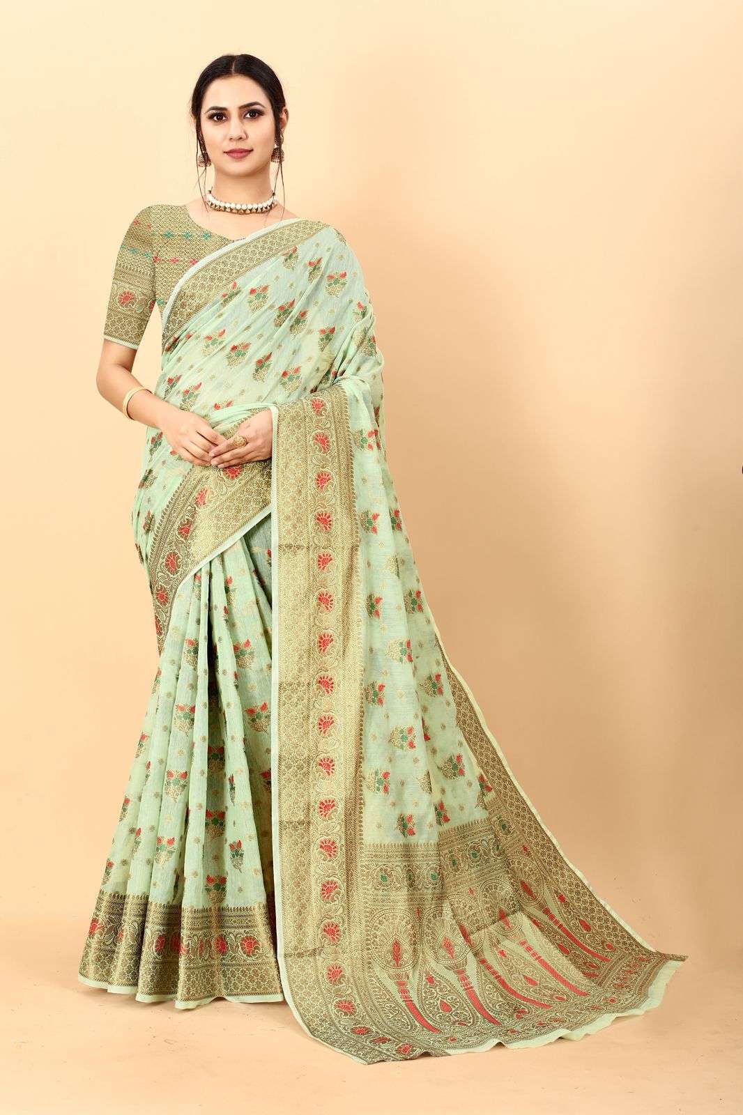  New Launch Soft Pure Muga Cotton soft fabric with Meenakari...