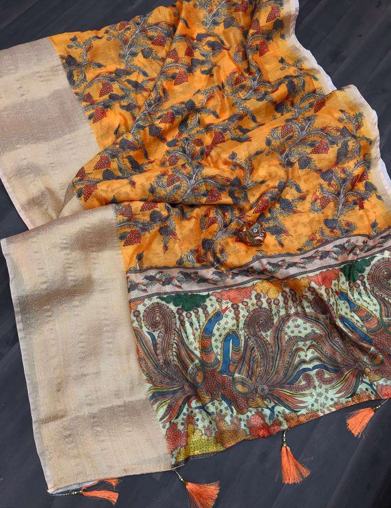  NEW LAUNCHING KALAMKARI PURE AND SOFT LICHI SILK FABRIC WIT...