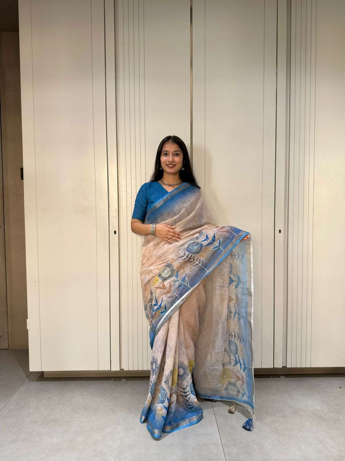 OCEAN BLUE COLOUR  ELEGANT AND CLASSIC LINEN FANCY FABRIC SA...