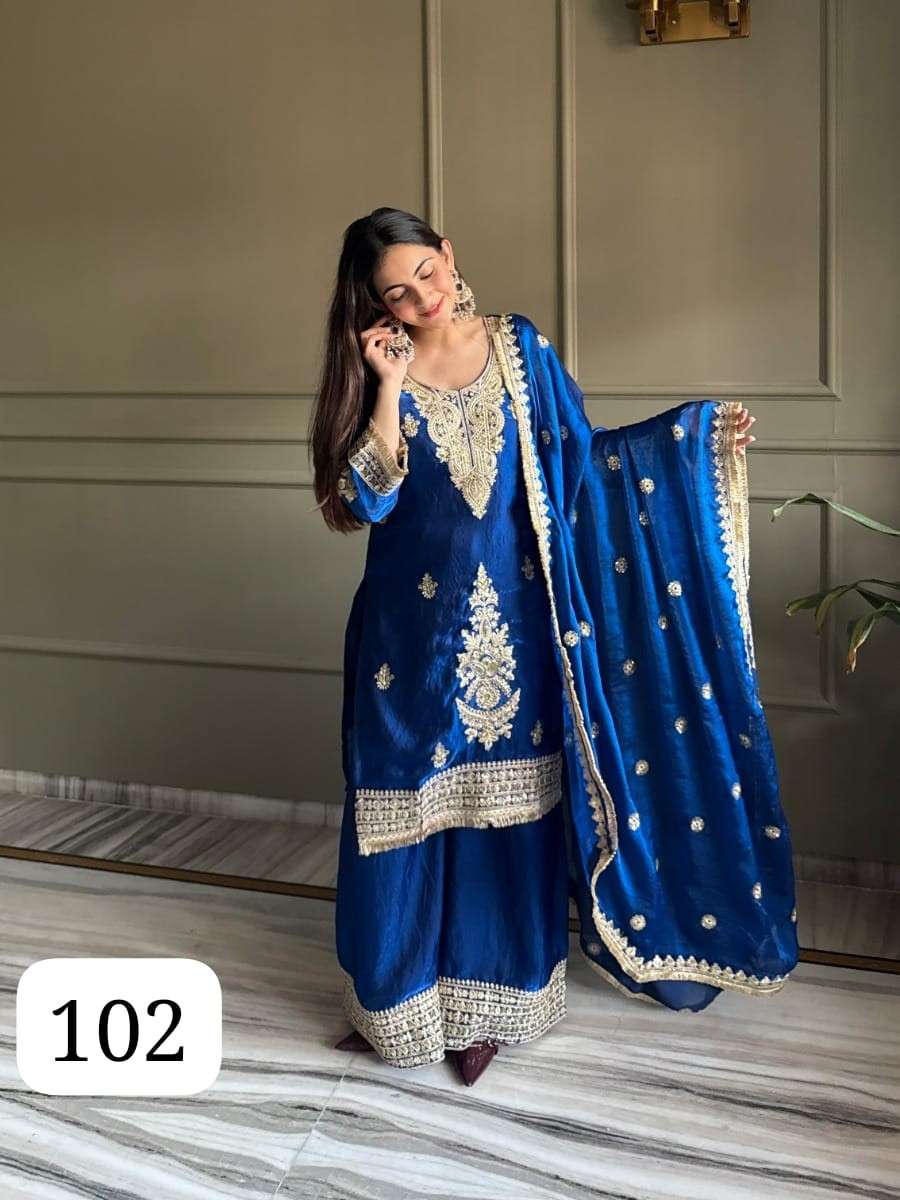 PC AZRA FENDI SATIN DESIGNER READYAMDE KURTI PALAZZO SUIT TR...