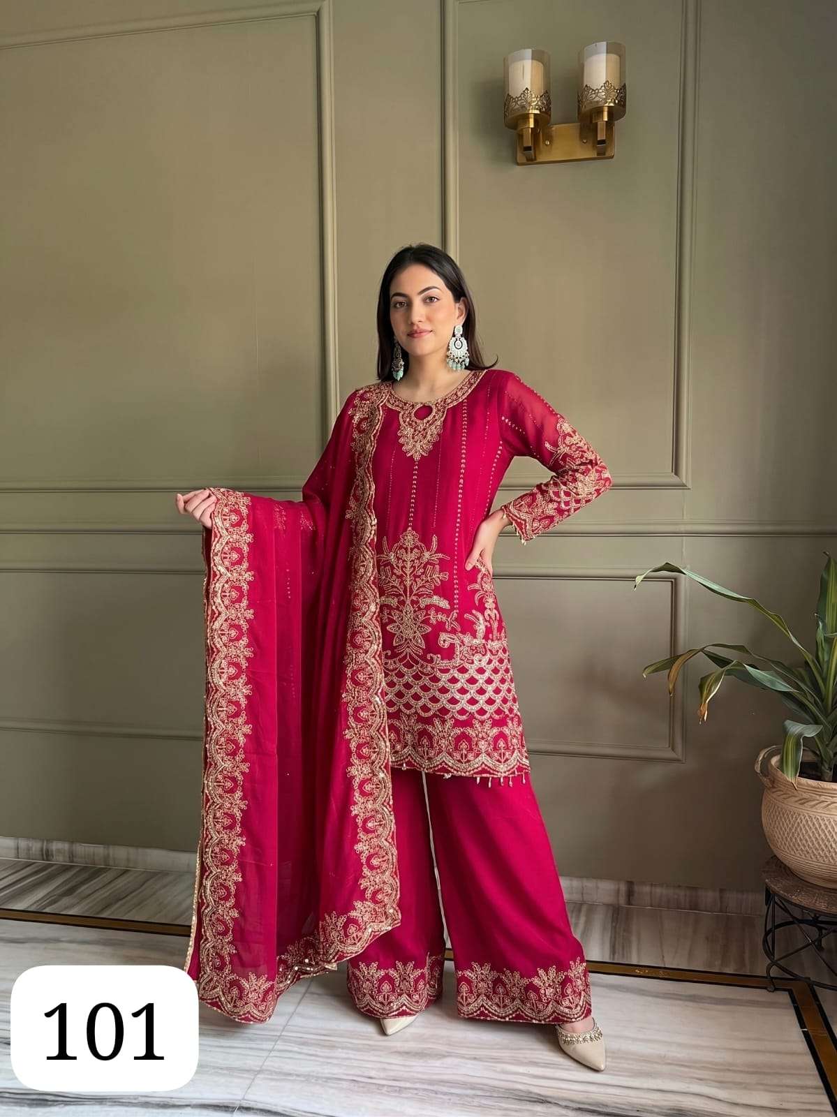 PC SIFRA LUXURY BOUTIQUE GEORGETTE SEQUENCE PALAZZO SUIT TRE...