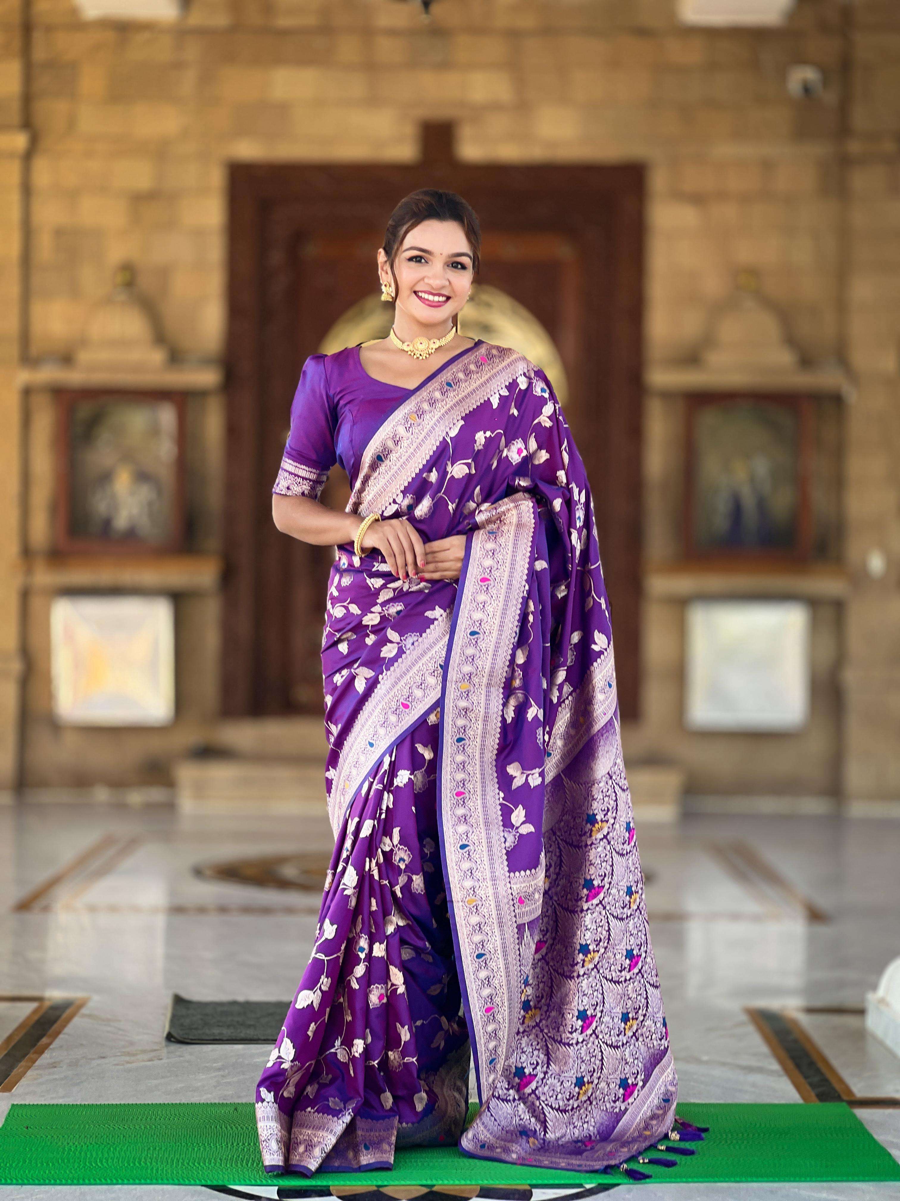 Premium Banarasi silk fabric small flower meenakari design s...