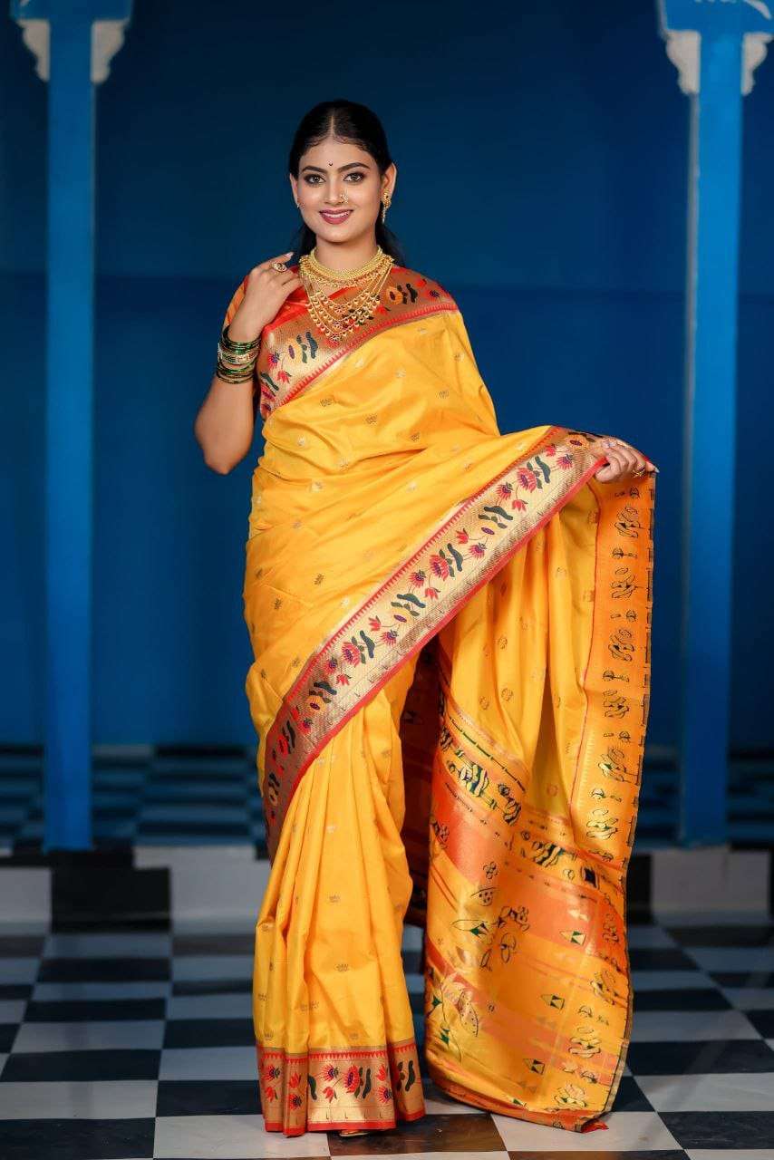 Premium soft and pure silk Paithani fabric with Lotus design...