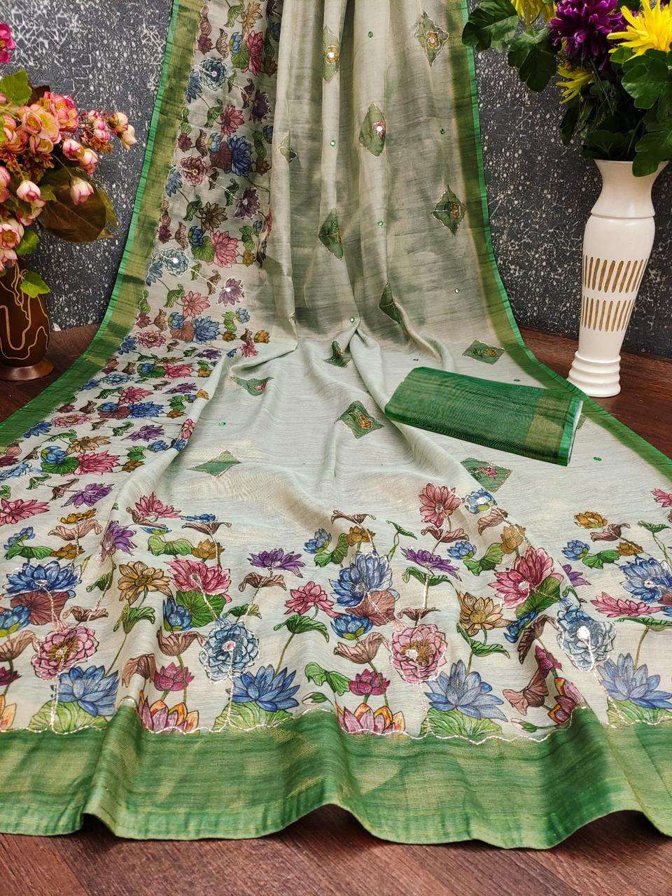  Presents now Zari and flower Silk fancy fabric with Aari M...