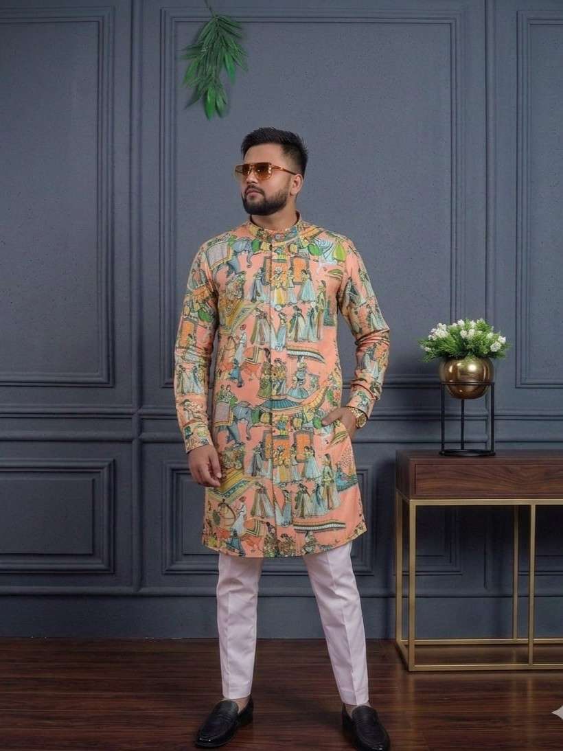 PRINT MENS TRADITIONAL COTTON MULTI WORK KURTA PAYJAMA WEDDI...
