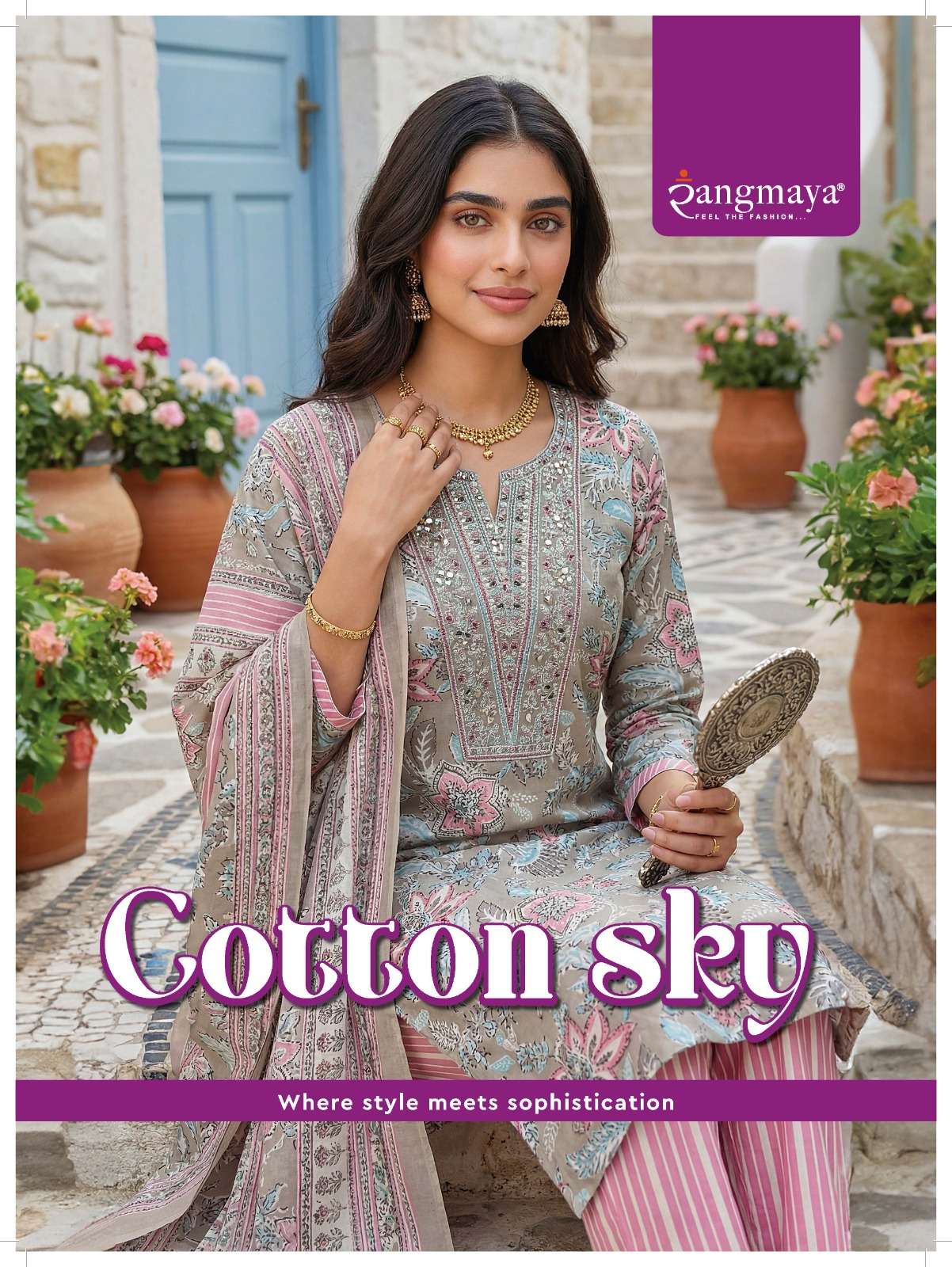 RANGMAYA COTTON SKY STITCHED KURTI PANT WITH DUPATTA DAILY W...